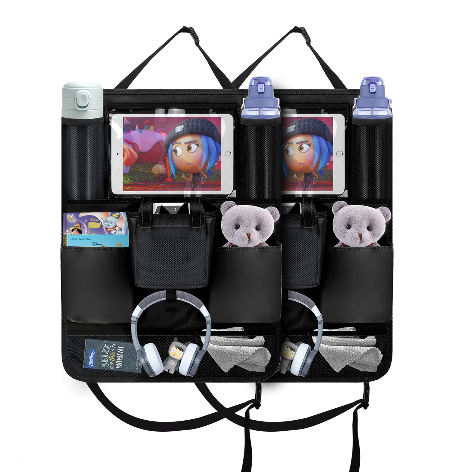 Annmore Auto Organizer für Toniebox Schwarz Rückenlehnenschutz Auto Kinder mit Halter für 10 Zoll Tablet, Rücksitz Organizer 2 Stück Auto Rücksitzschoner