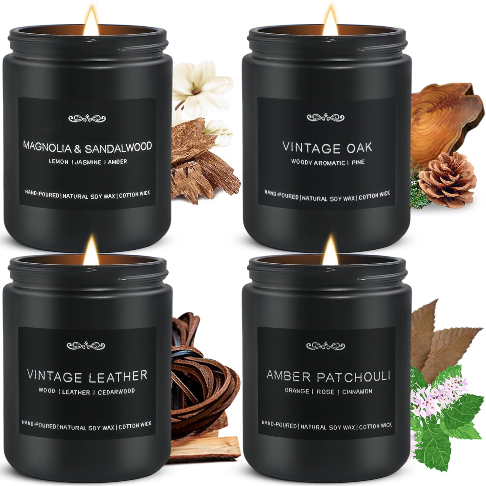 Scented Candles Gifts, Gift for Men, 4 Pack Candles Set, Soy Candle for Home Scented, Birthday Gifts Candle Set for Men Scents of Magnolia Sandalwood/Oak/Amber Patchouli/Leather