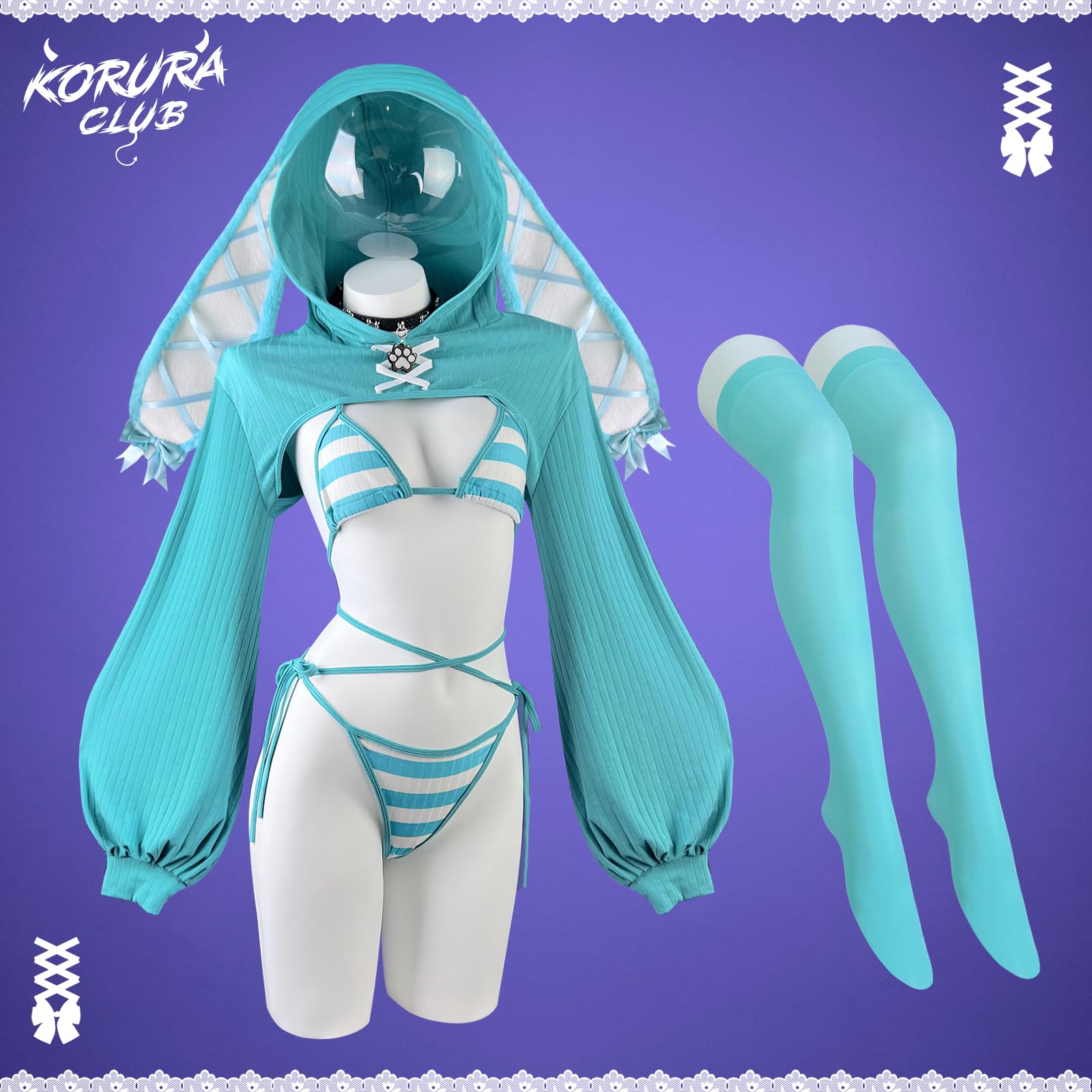 KORURACLUB Cosplay Sexy maid outfit Bunny Outfit cosplay women Animal Costumes Bunny Bodysuit: Blue Stripes Large-X-Large