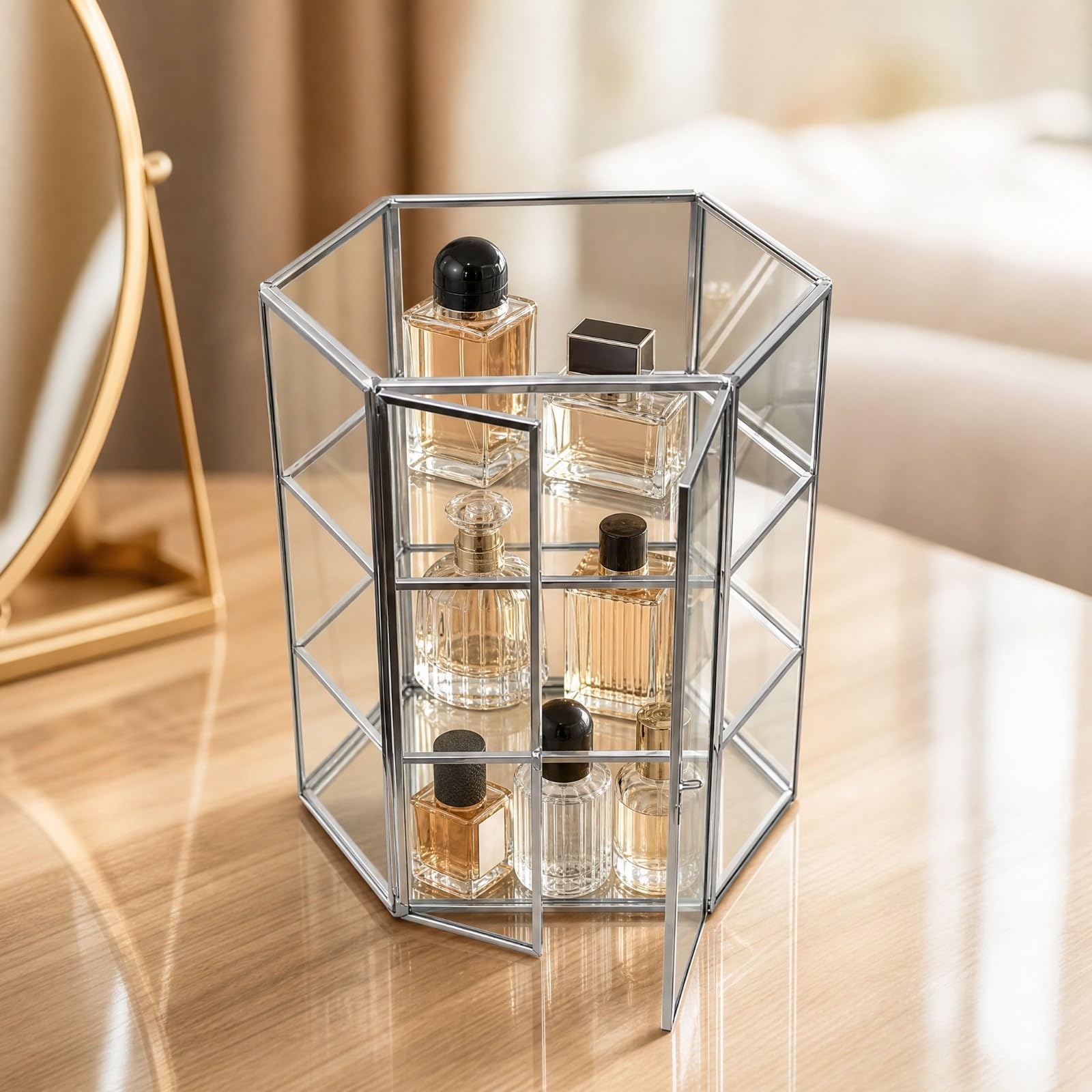 Colcolo Maquillaje Multiusos Organizador Hexagonal Vidrio y Metal Compacto para Baño, Plateado