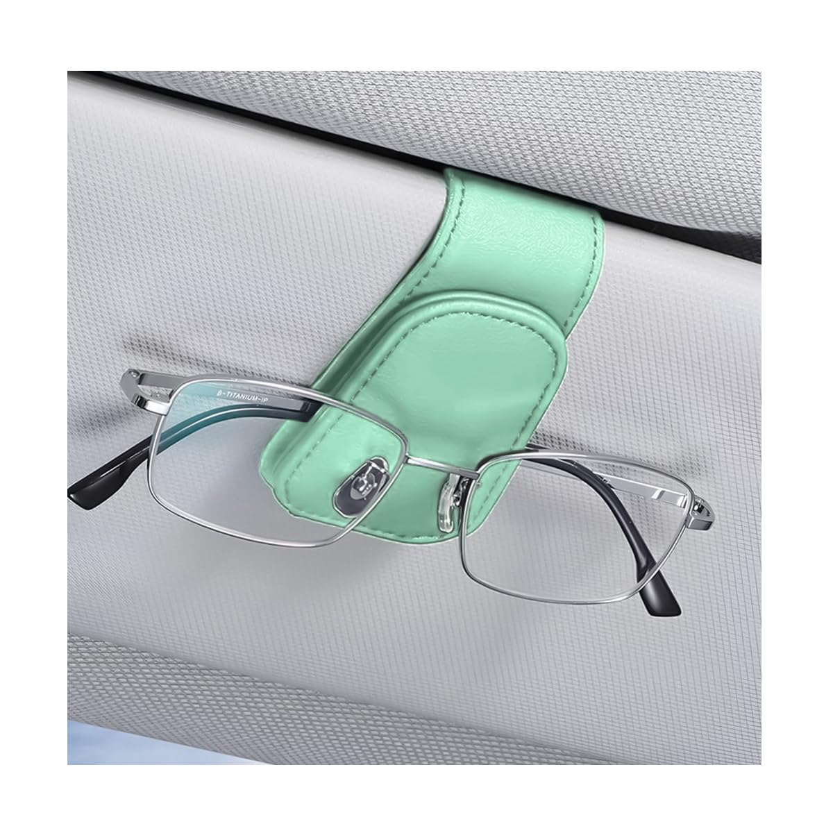 AICEL Sunglasses Holders for Car Sun Visor, Leather Eyeglasses Hanger Mounter, Magnetic Glasses Holder and Ticket Card Clip, Auto Interior Accessories Universal for SUV Pickup Truck (Light Green)
