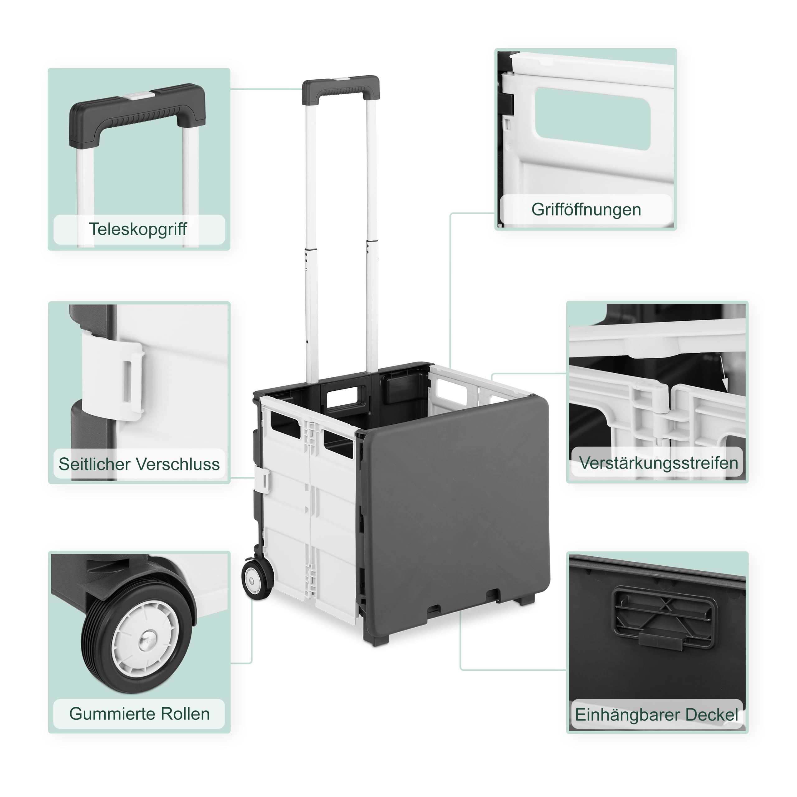 Relaxdays Einkaufstrolley, klappbar, Einkaufskorb mit Rollen, Deckel & Teleskopgriff, bis 35 kg, Rollkiste, weiß/grau