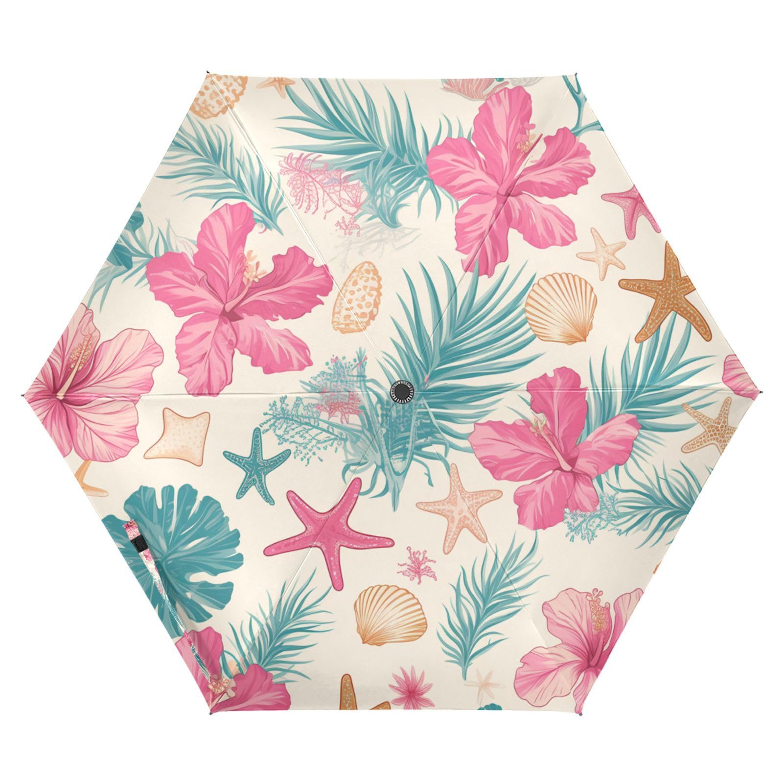 Tropical Leaves Pink Hibiscus Flowers Starfish Hawaiian Style umbrella automatic 39 Inch wind and rain protection auto open close Golf Umbrella for water,sun & rain resistant Outdoor Defence