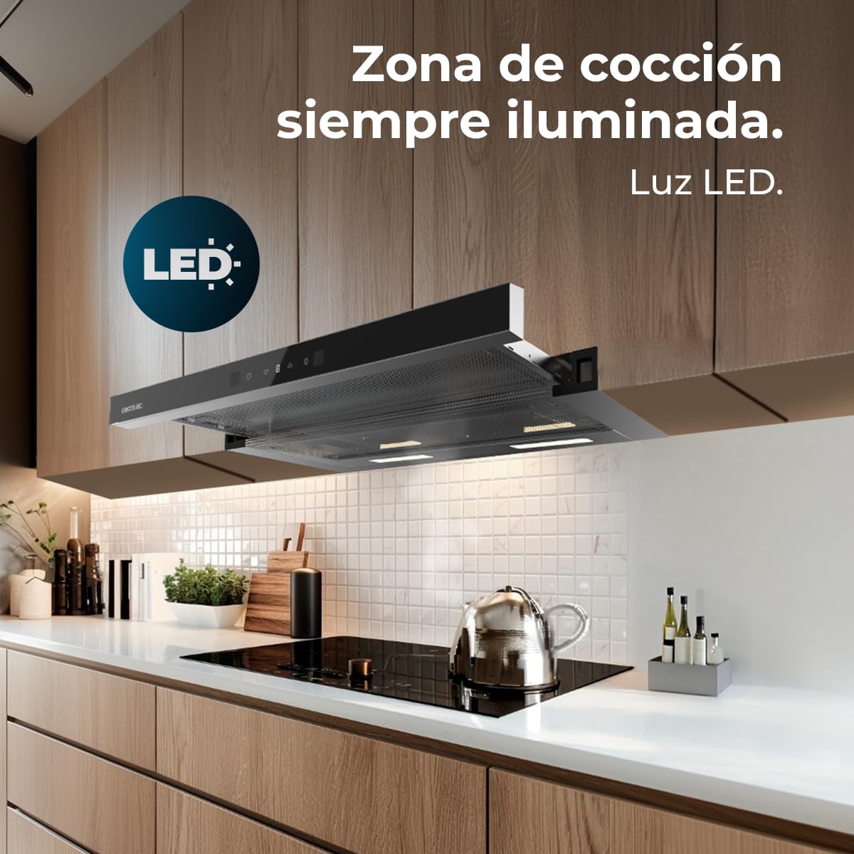 Cecotec Okap teleskopowy 70 cm Bolero Flux TLT 704400 Glass Black A+++. Ssanie 431,2 m³/h, niskie zużycie prądu, silnik DC, kontrola ruchu i dotyk, szkło przednie czarny, korpus ze stali nierdzewnej