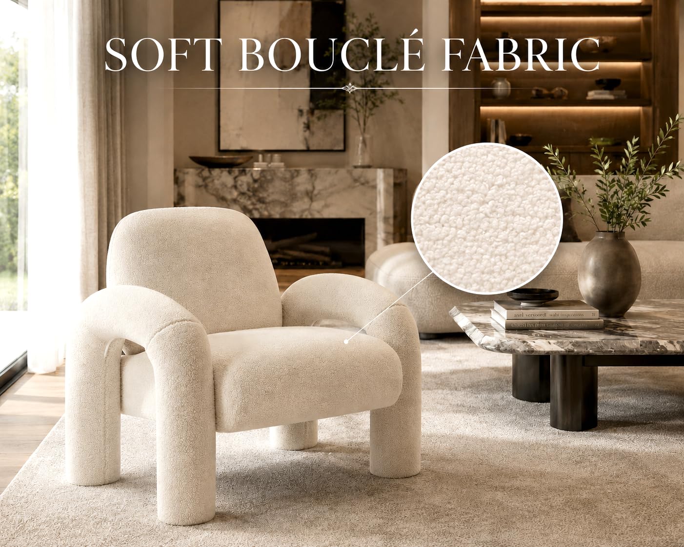 Sessel Loungesessel Einzelsofa aus Boucle Lia - Einzelsessel Armlehnstuhl Polsterstuhl Sofa bis 120kg - eleganter Armsessel Loungesofa Relaxsessel für Wohnzimmer Schlafzimmer (Weiß)