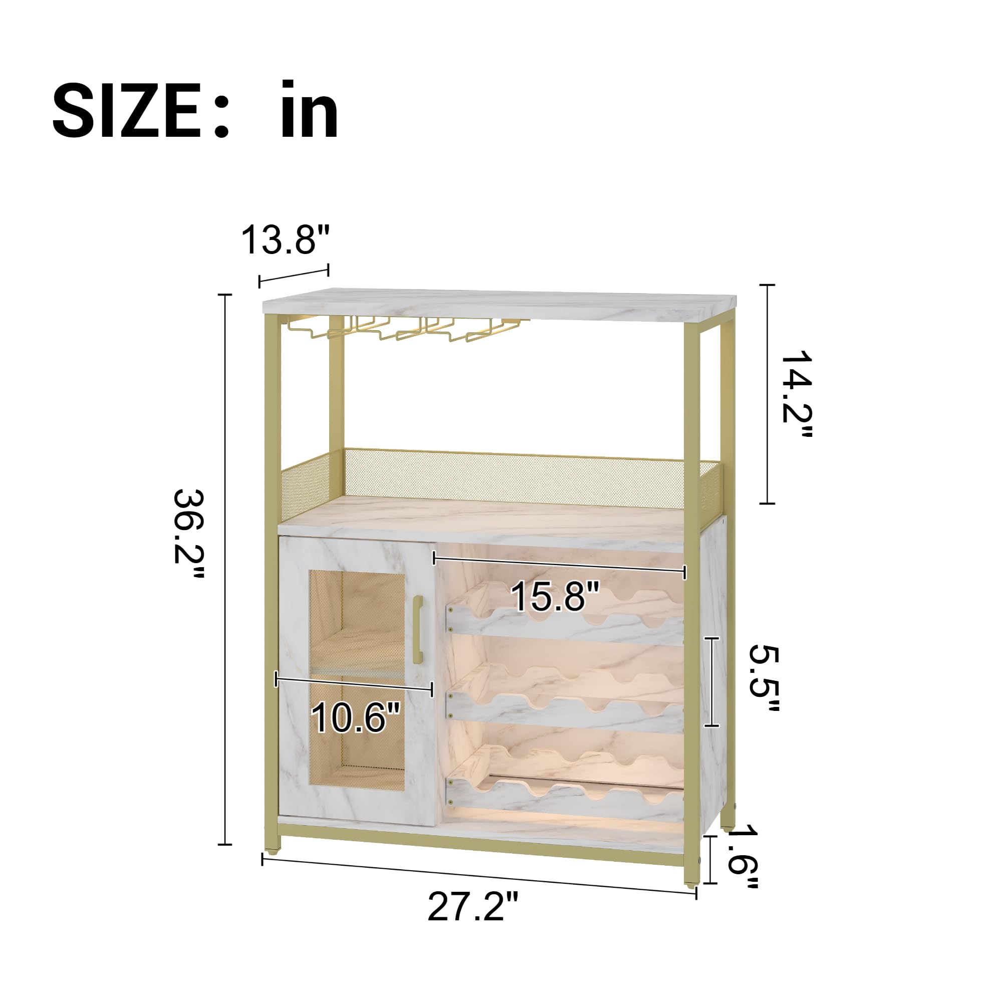 Weinbar Schrank 36" – Kompakter Bar Schrank Mit Verstellbaren Ablagen, Glashalter & Metallgittertür – Liquorschrank & Kaffeebar Möbel Für Küche & Esszimmer, Gold+Lampe