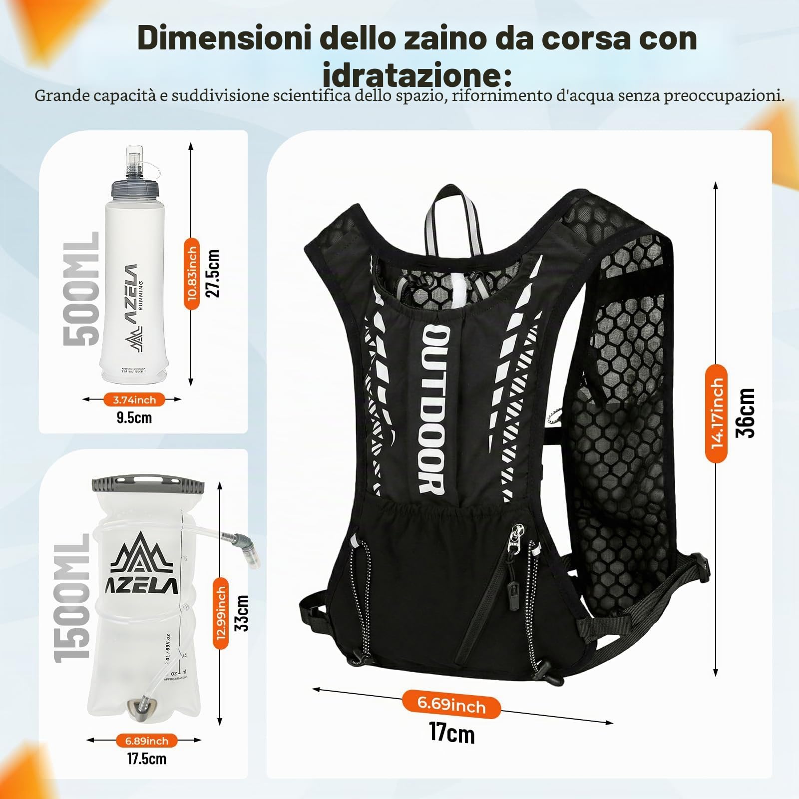 Zaino Idratazione,Zaino da Corsa,Gilet Zaino Trail Running,Gilet running uomo,Gilet corsa,con 500ml Borraccie Morbide 1.5L Sacca Idrica,per Outdoor,Maratona,Ciclismo,Alpinismo