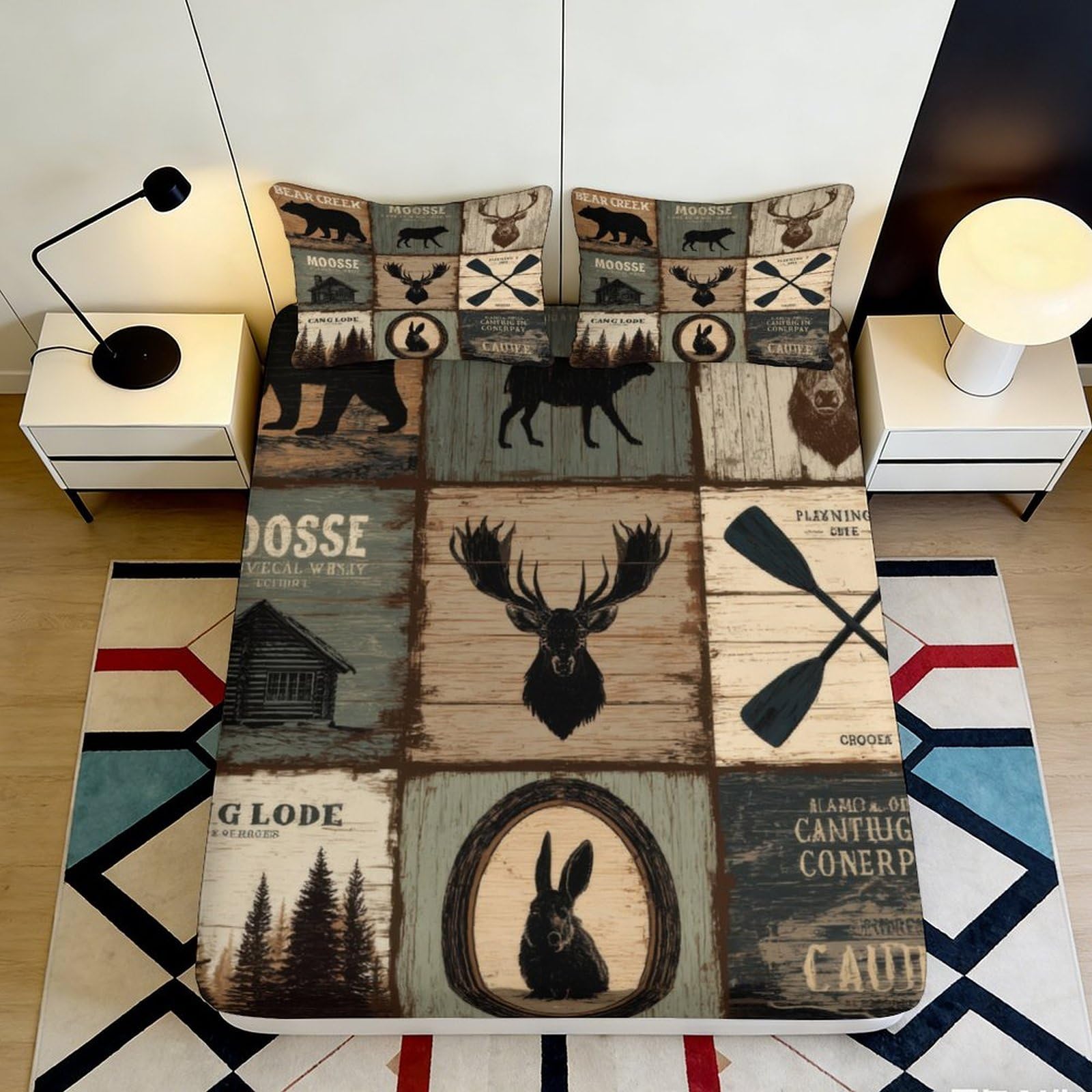 3D Printed Forest Moose Fitted Sheet Microfiber Soft Lodge Animal Mattress Cover for Bedroom Guest Room Decor 90x200x25cm