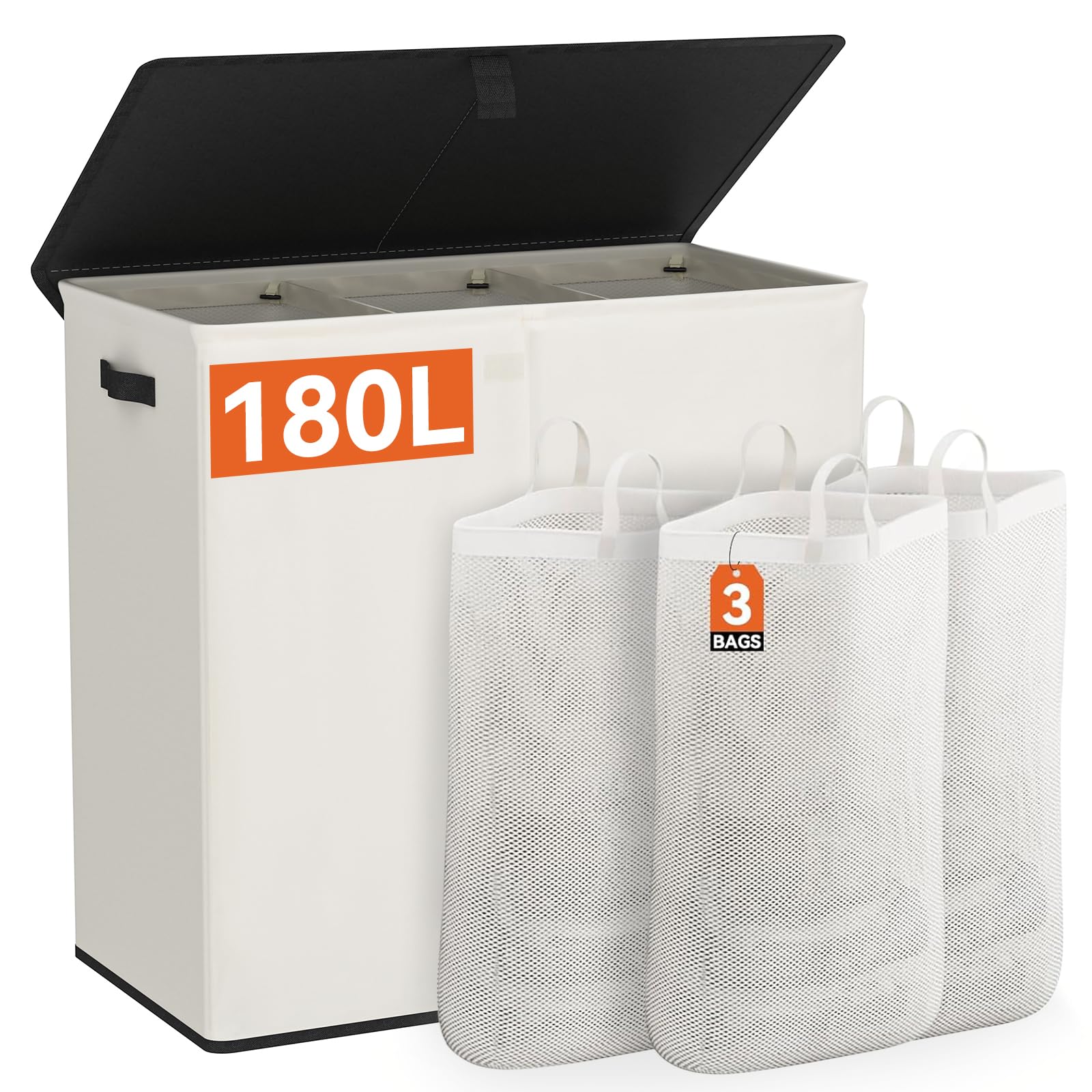 WOWLIVE Wäschekorb mit Deckel, 180 l, großer Wäschekorb, 3 Abschnitte mit abnehmbaren Waschbeuteln, faltbar, wasserdicht, schmutziger Wäschekorb für Waschküche, Badezimmer, Schlafsaal, Beige