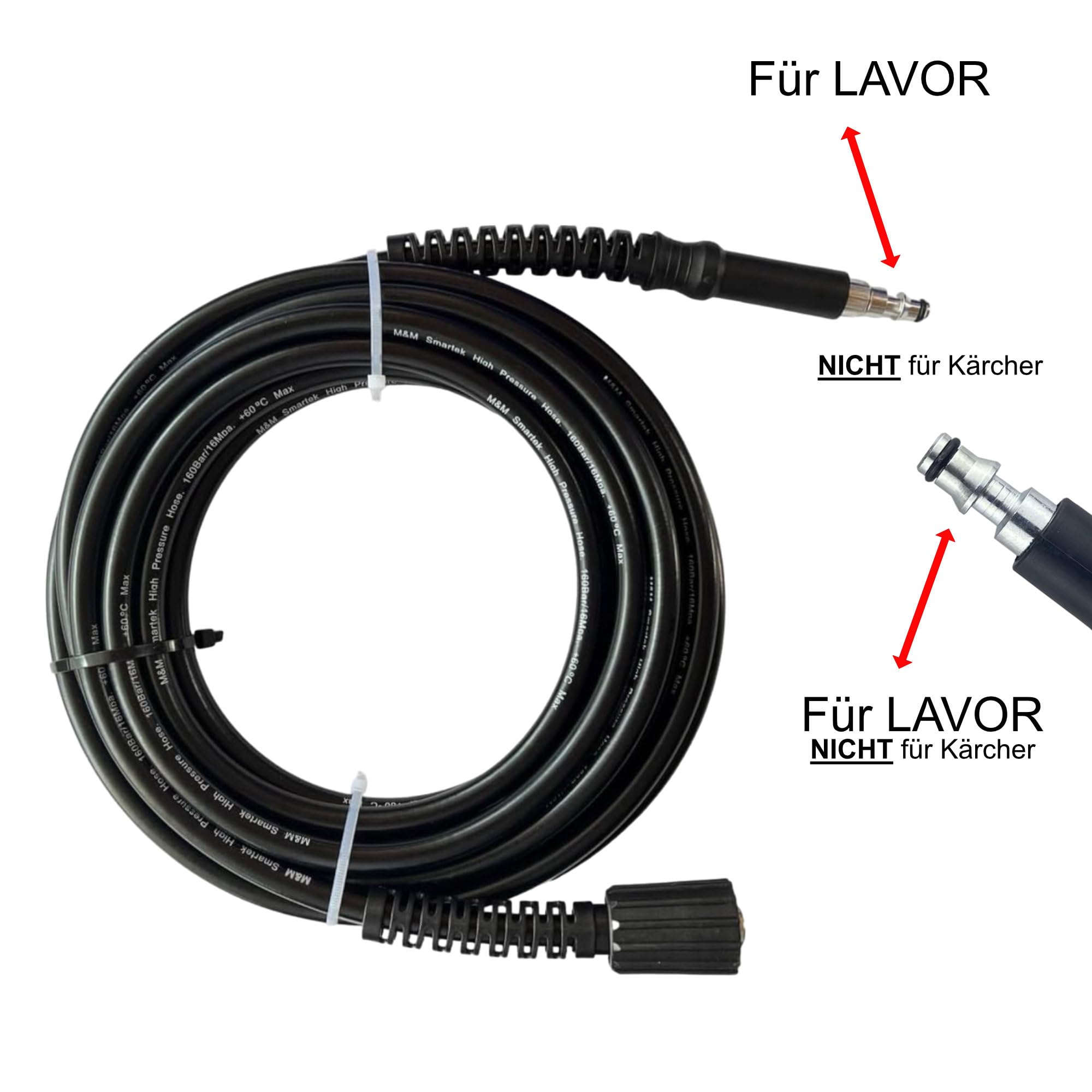 M&M Smartek Tuyau haute pression 5 m, Noir, Silicone, Compatible Lavor 4.018.0096, Max. Pression 160 bars, Température 40 °C, Raccord rapide, NW 6 x 1, M22 IG, 1/4
