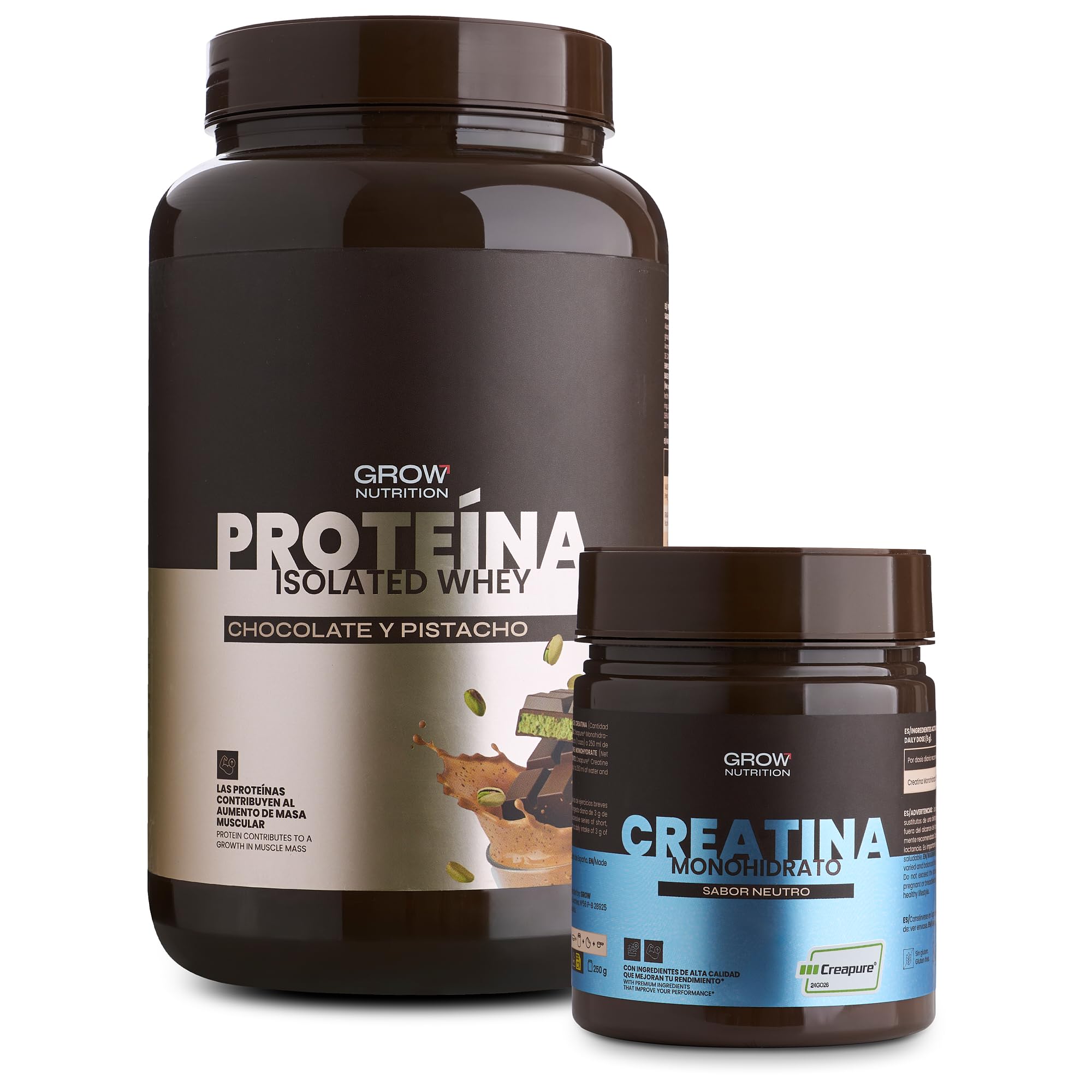 Grow Wellness Lote Proteína Aislada Chocolate y Pistacho 1 kg + Creatina Monohidrato Creapure 250 g | Whey Isolate CFM y Creatina Neutra
