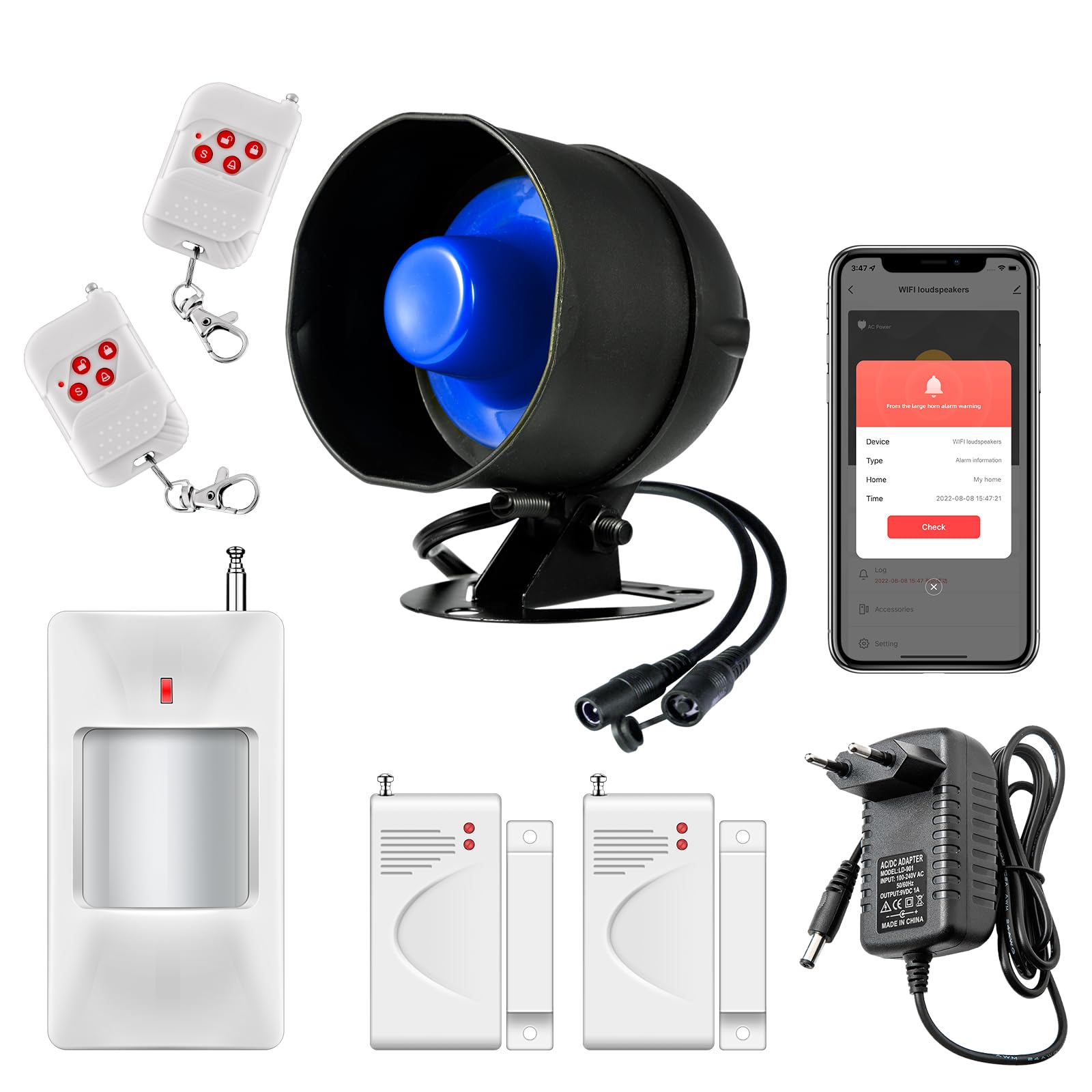 Alarma Puerta con Sirena, Alarmas para Casa WiFi sin Cuotas 115dB Sirena Alarma con Sensor de Movimiento, Sensor Puerta, 7 Pieza Control Remoto Sistema de Seguridad para el Hogar Compatible con Alexa