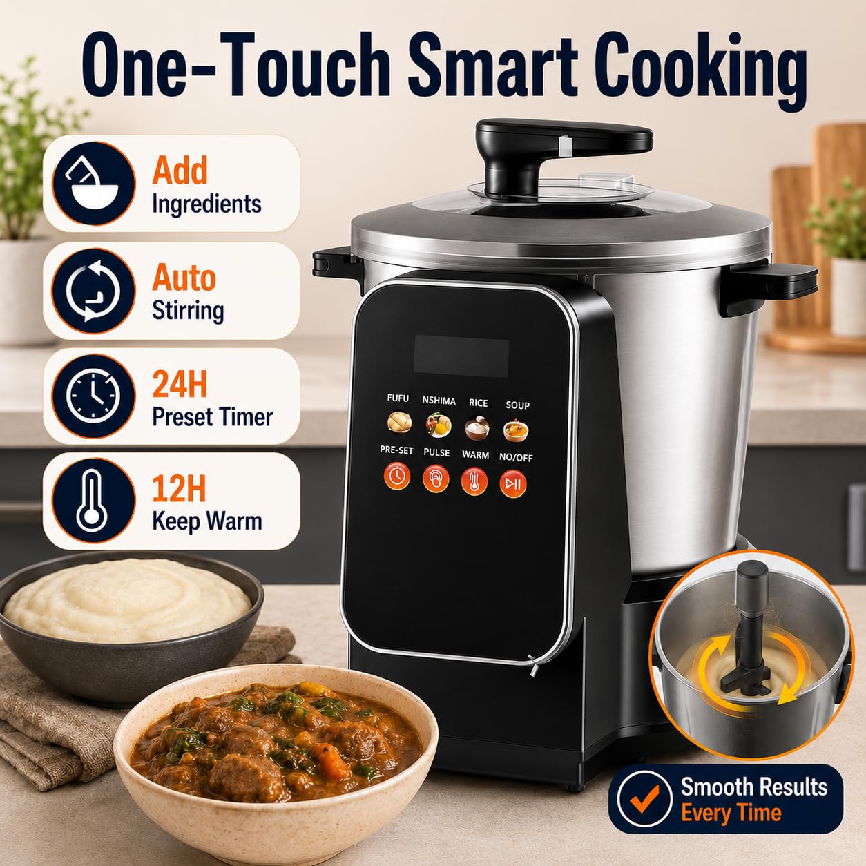 Fufu Maker automatique 6 L, 900 W Yam Pounder avec contrôle tactile LED