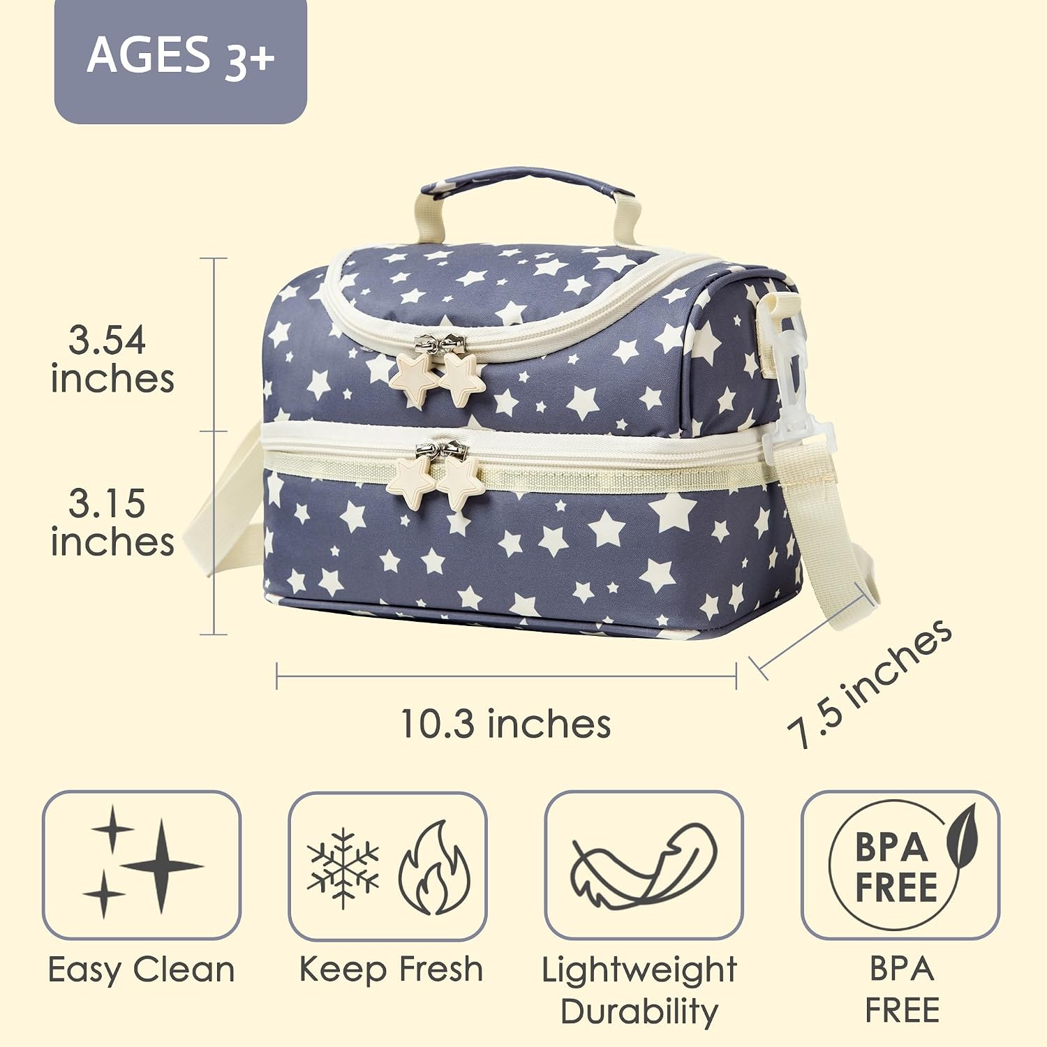 Kids Dual Compartment Lunch Bags Tote for Boys Girls Toddler Lunch Boxes Pre-School Toddler Kindergarten Picnic Camp Food Cooler Thermal with Strap (Yellow Star) image 2