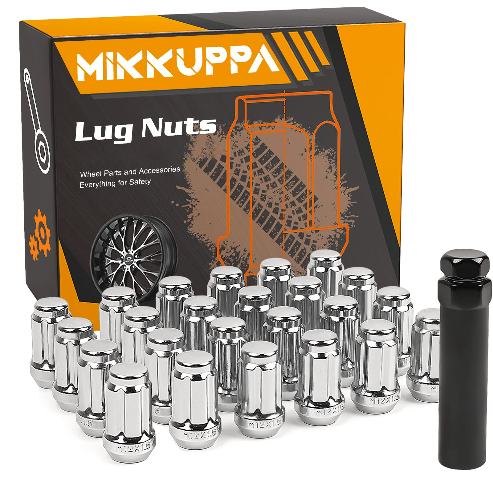 MIKKUPPA 24pcs M12x1.5 Lug Nuts - Replacement for 1984-2013 Toyota 4Runner, 1995-2013 Tacoma, 2000-2006 Tundra Aftermarket Wheel - Chrome Closed End Lug Nuts with Socket