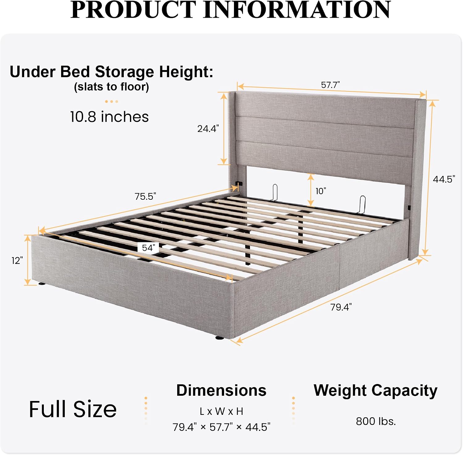 Diagram showing the dimensions of the SHA CERLIN Full Size bed frame: 79.4 inches length, 57.7 inches width, 44.5 inches height. It also indicates an under-bed storage height of 10.8 inches and a weight capacity of 800 lbs.