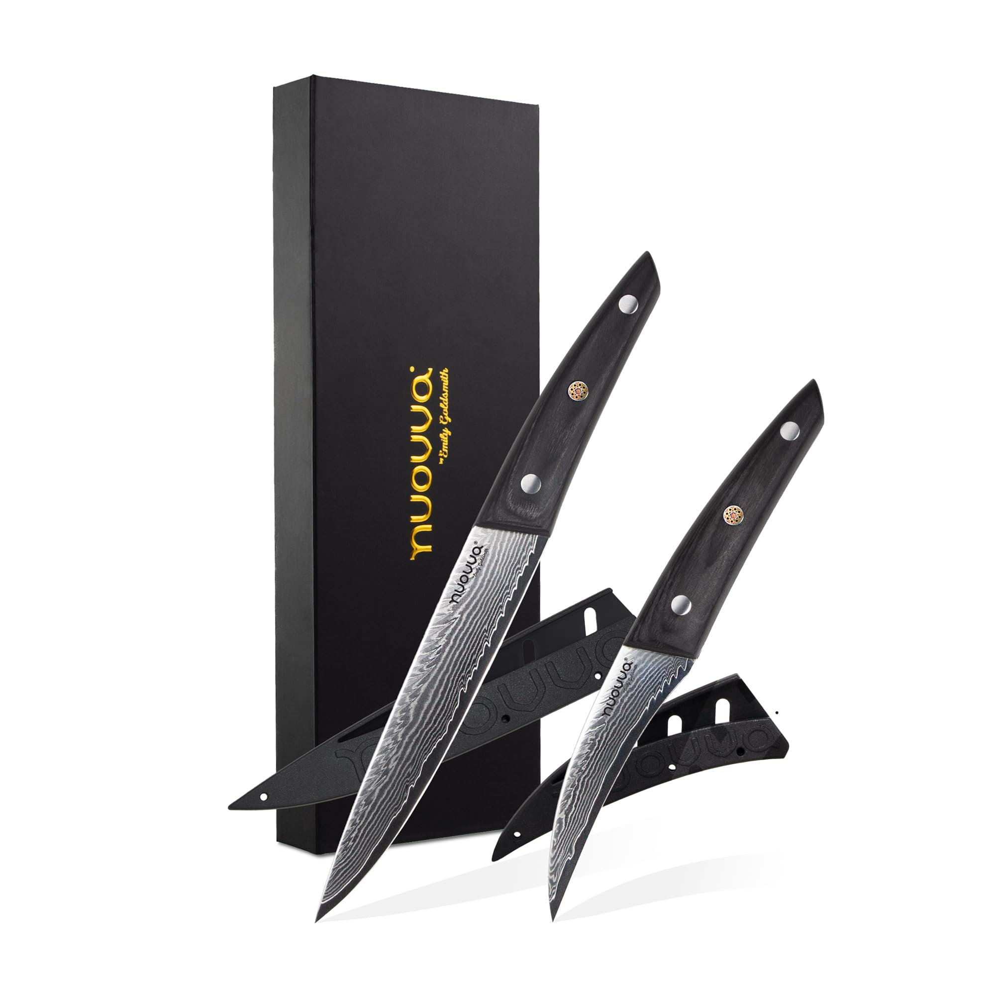 nuovva Sharp Kitchen Knife Set – 5 Inch Paring & 3.5 Inch Utility Knife – 67 Layer Damascus Japanese Steel – 2pcs Small Vegetable Knives with Hand-Polished Rosewood Handle – Sheath Included
