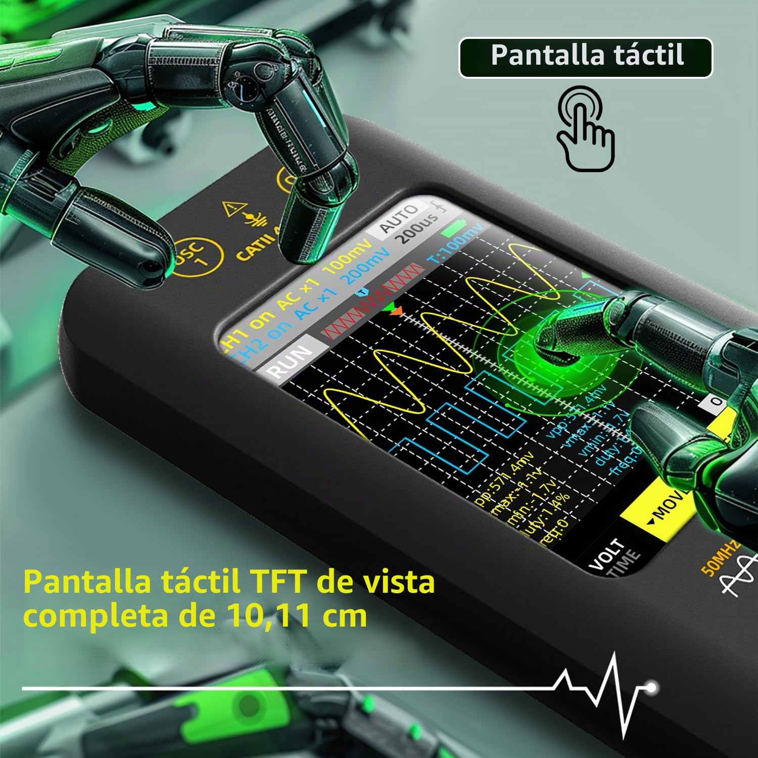 BSIDE Osciloscopio Digitales Osciloscopio de mano de 2 canal y 50MHz de ancho de banda con pantalla táctil de 3.98'' Osciloscopio portátil 250MSa/s de frecuencia de muestreo Generador de señal