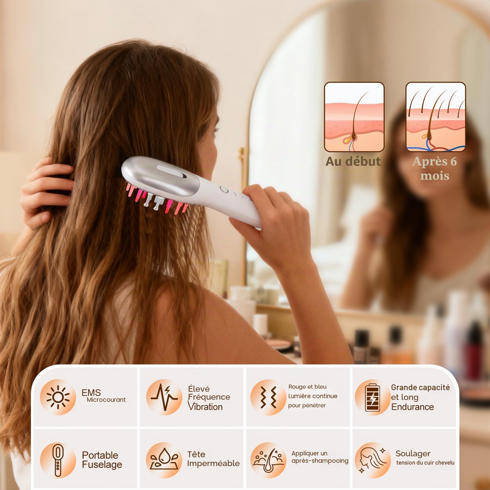 Brosse de Massage É‌lectrique Pour le Cuir Chevelu, Brosse de Massage Portable Pour la Tête à Lumière Rouge et Bleue, Microcourant EMS et Vibration, Favorise la Croissance des Cheveux