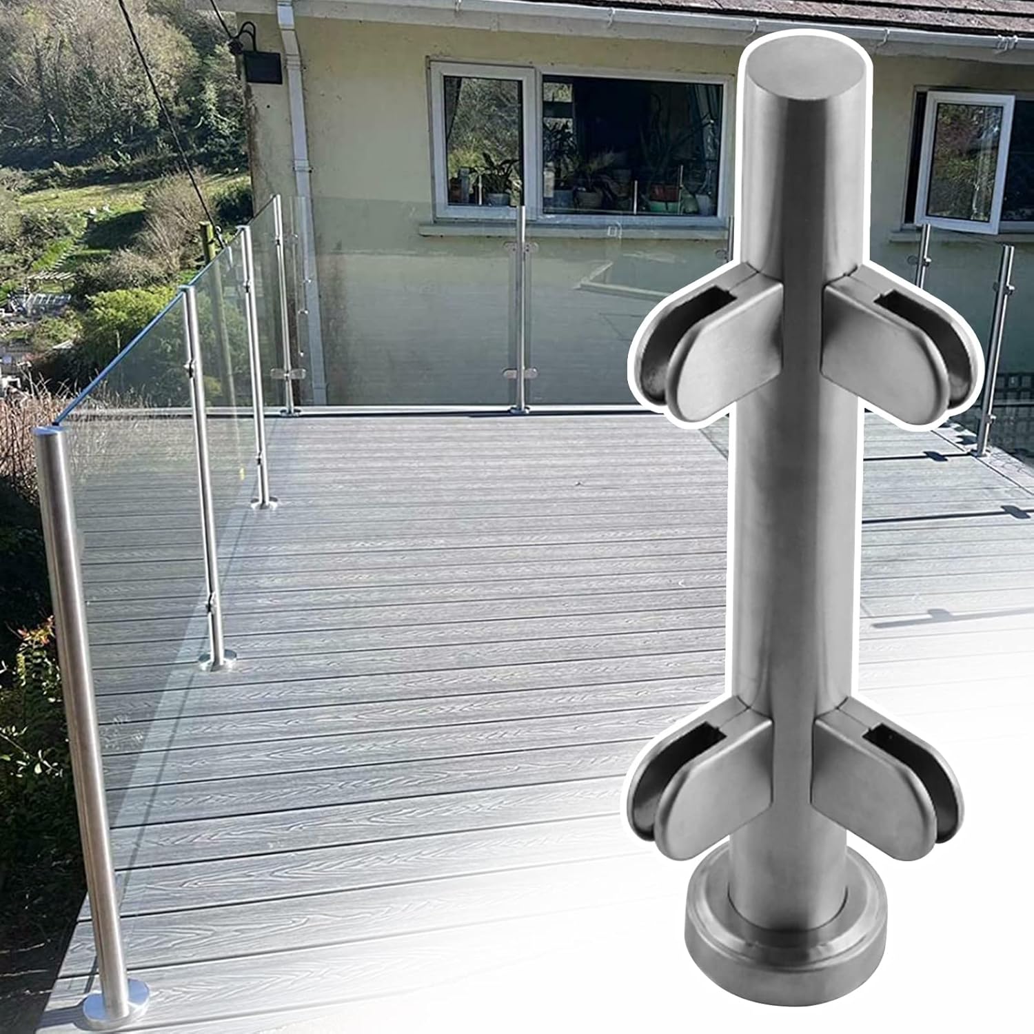 Glass Railing Post for Deck - Round Balustrade Clamp. Windproof Guardrail System for Platform Partition. Floor Mount Decking Accessory.,Corner Post-85cm/33.5