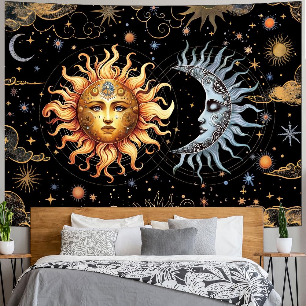 Racunbula Sun and Moon Tapestry Boho Black Golden Tapestries Aesthetic Vintage Moon Stars Cloud Wall Tapestry Spiritual Tapestries Wall Hanging for Bedroom