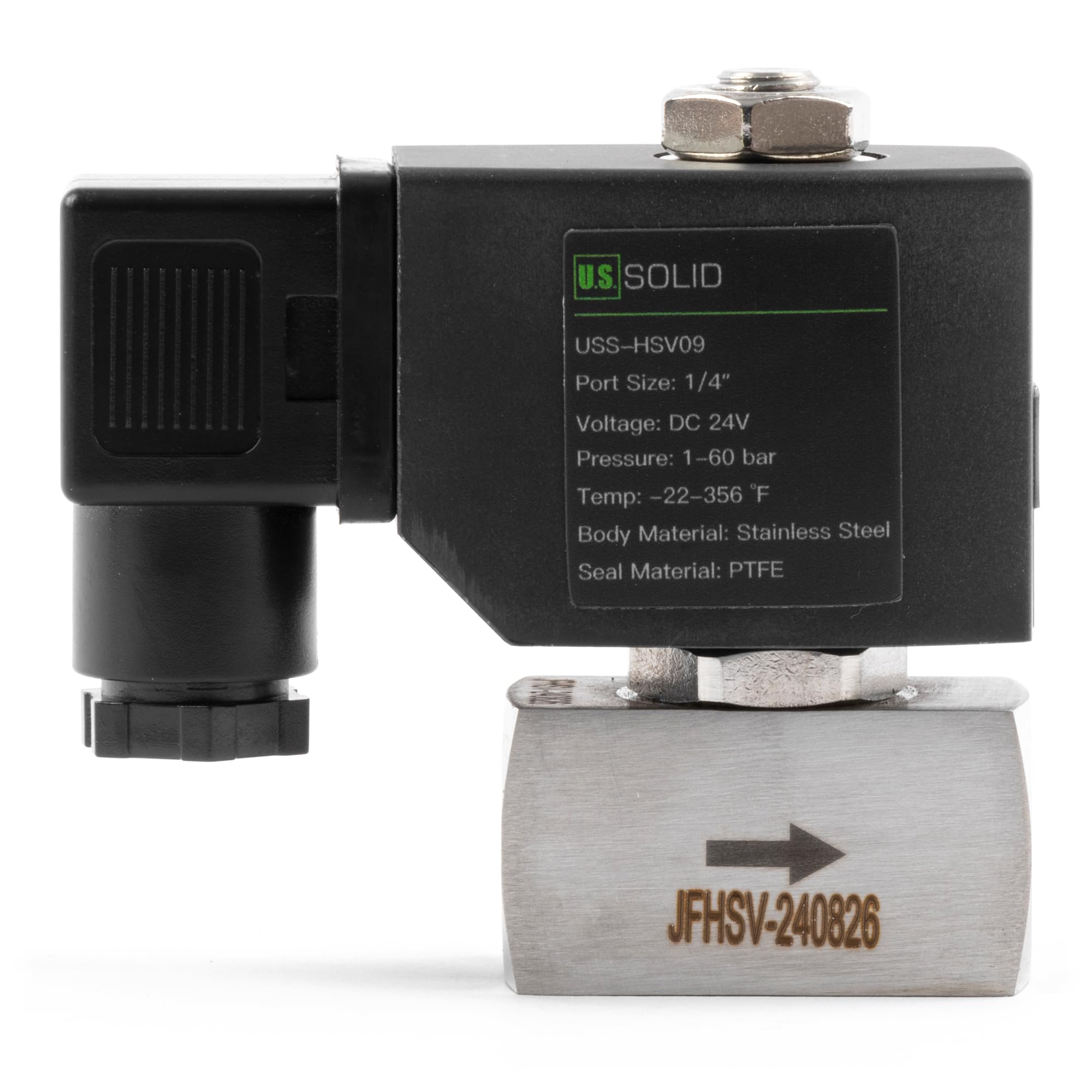 U.S. Solid Elettrovalvola alta pressione 1/4" in acciaio inox – 24 V DC, 60 bar, da -30°C a 180°C, resistente alta temperatura