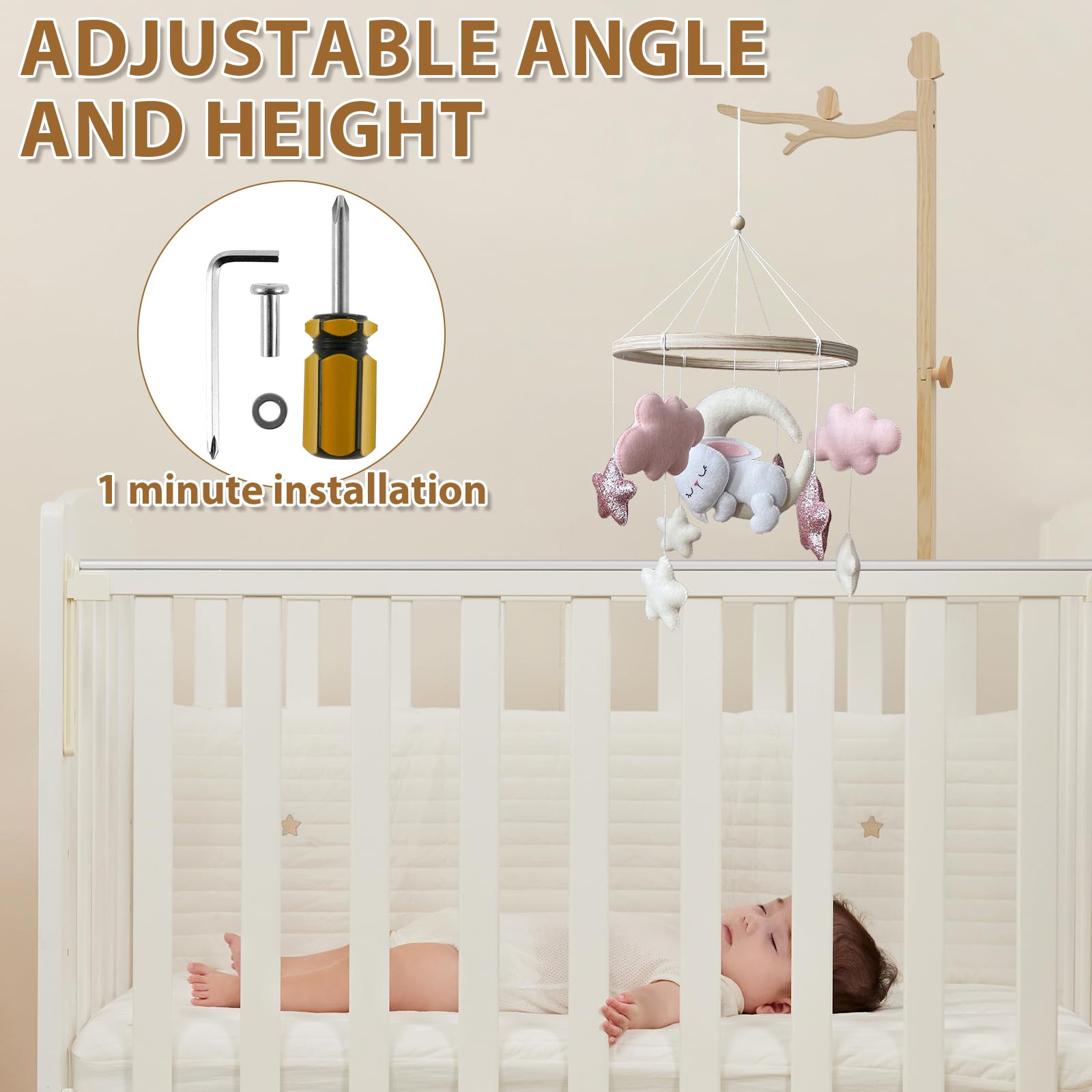 Mobile Halterung Holz für Babybett,135CM Stehend Verstellbarer Ständer Mobile Halterung für Babybett,Aufhängung Windspiele Bettglocke