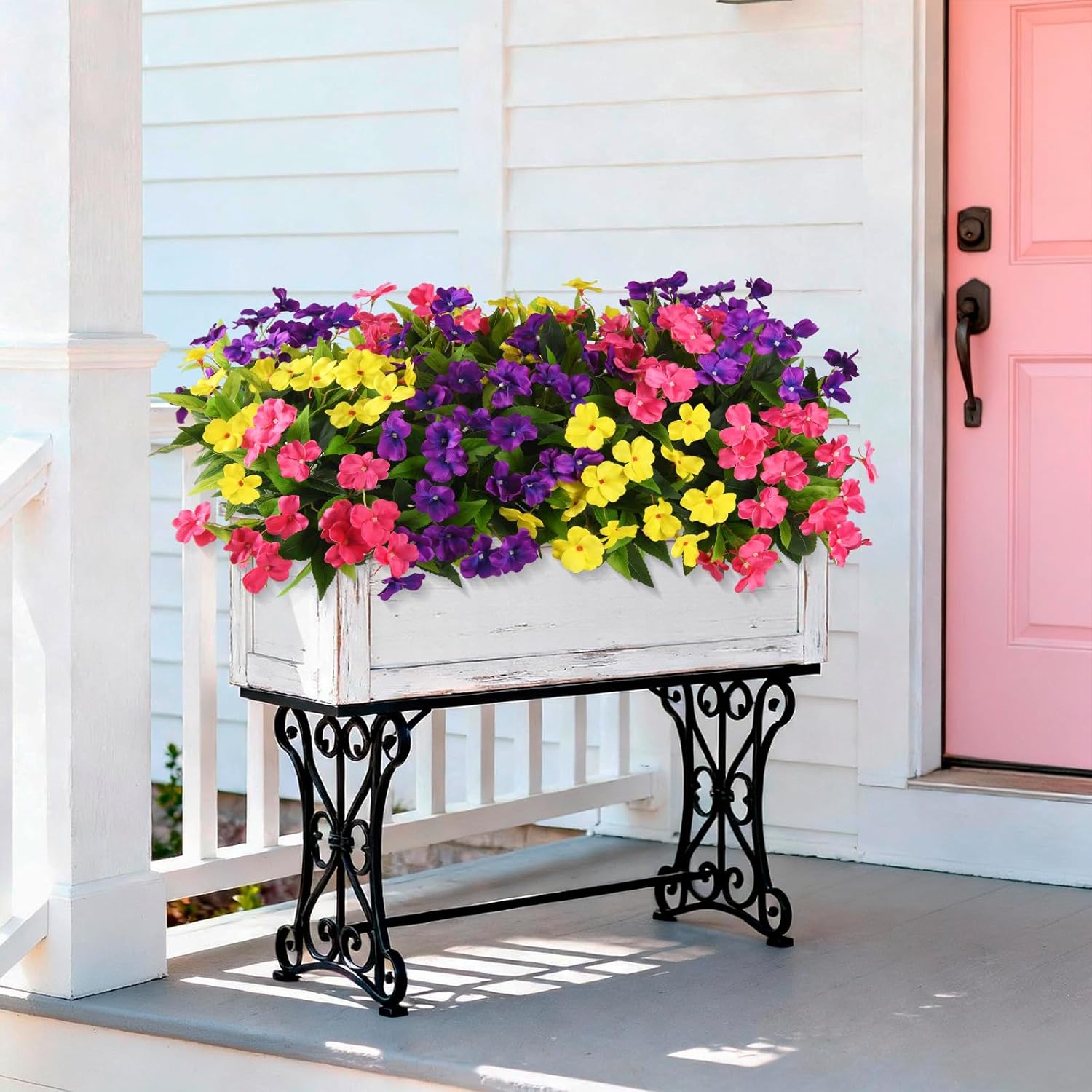 Artificial Impatiens Flowers for Outdoors, 6 Bundles Multicolor Silk Fake Flowers for Spring Summer Decoration, UV Resistant Faux Plants Plastic Bouquet for Home Planter Porch Patio Yard Decor
