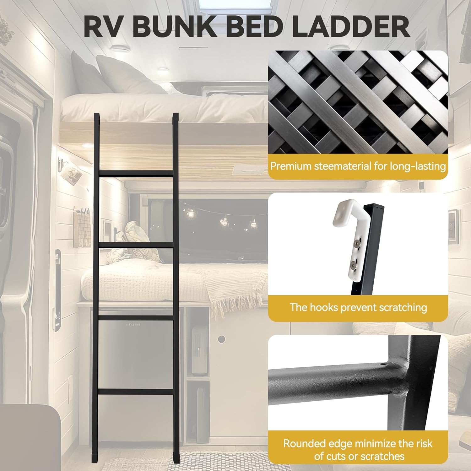 RV Bunk Bed Ladder, 55Inch Heavy Duty Travel Trailer Bed Ladders, Metal Camper Bunk Bed Ladder with 4 Hook and Foot Caps, 330 LBS Loading Twin Bed Step Ladder Portable Stairs Steps (Black, 55inch)