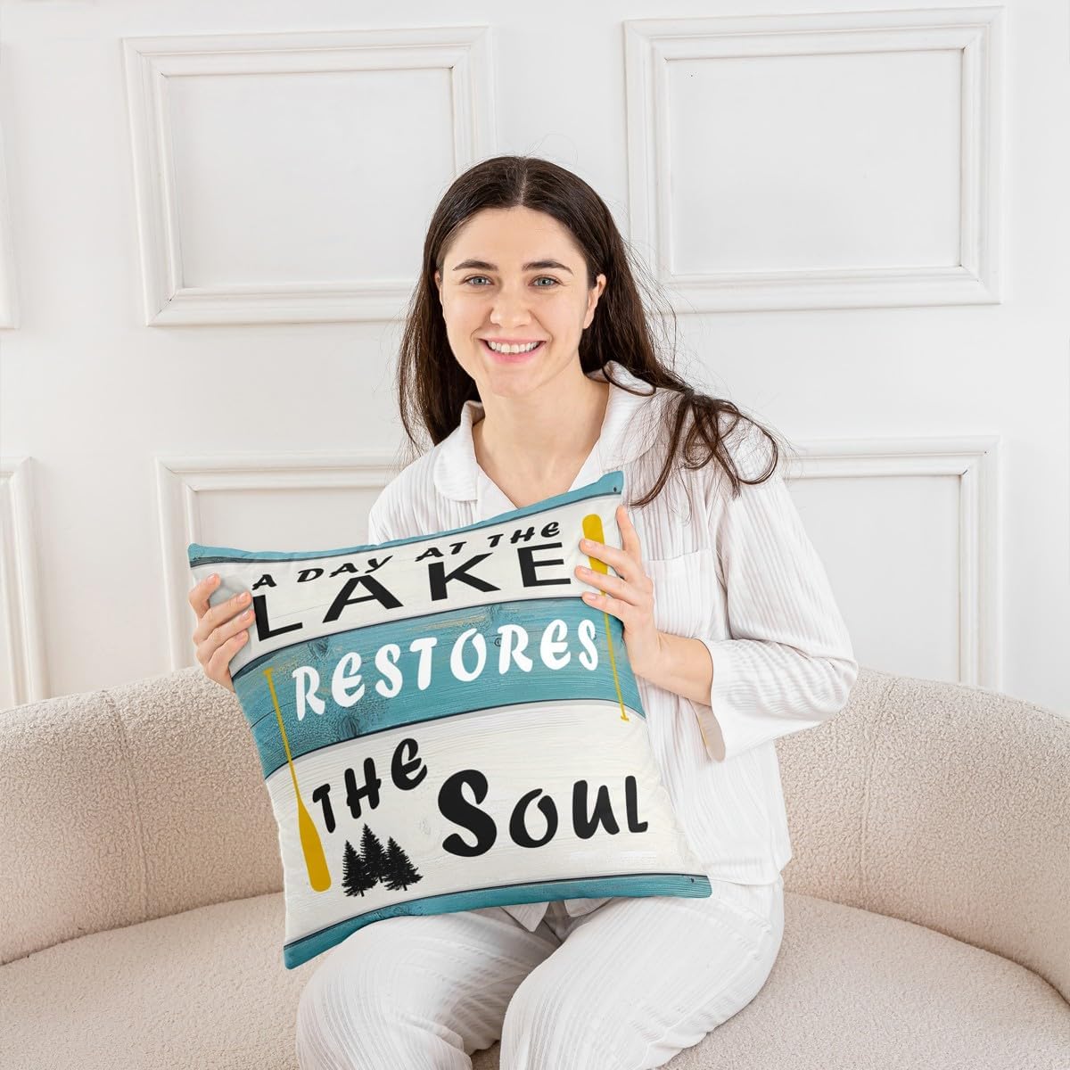Pack of 2 Welcome to The Lake Decorative Throw Pillow Covers, Soft Lake Rules Square Cushion Case Set for Couch Sofa Bedroom Living Room,Lake House Decor Blue Pillow Cases Pillowcases, 24x24 Inches