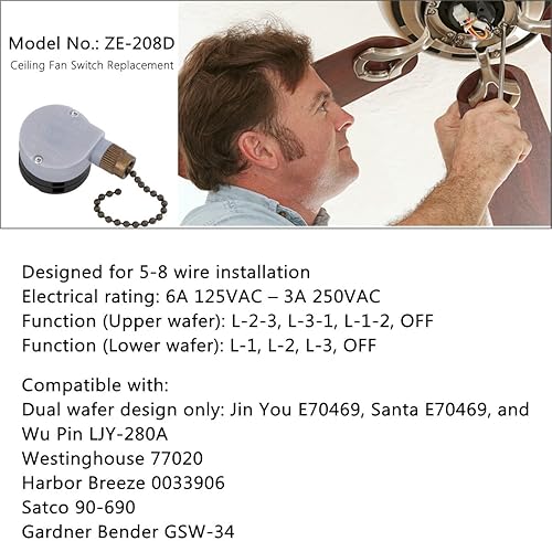 Miniatura 2 de Interruptor de ventilador de techo Zing Ear ZE-208D 3 velocidades 5-8 Interruptor de cadena de tracción Interruptor de control de velocidad con