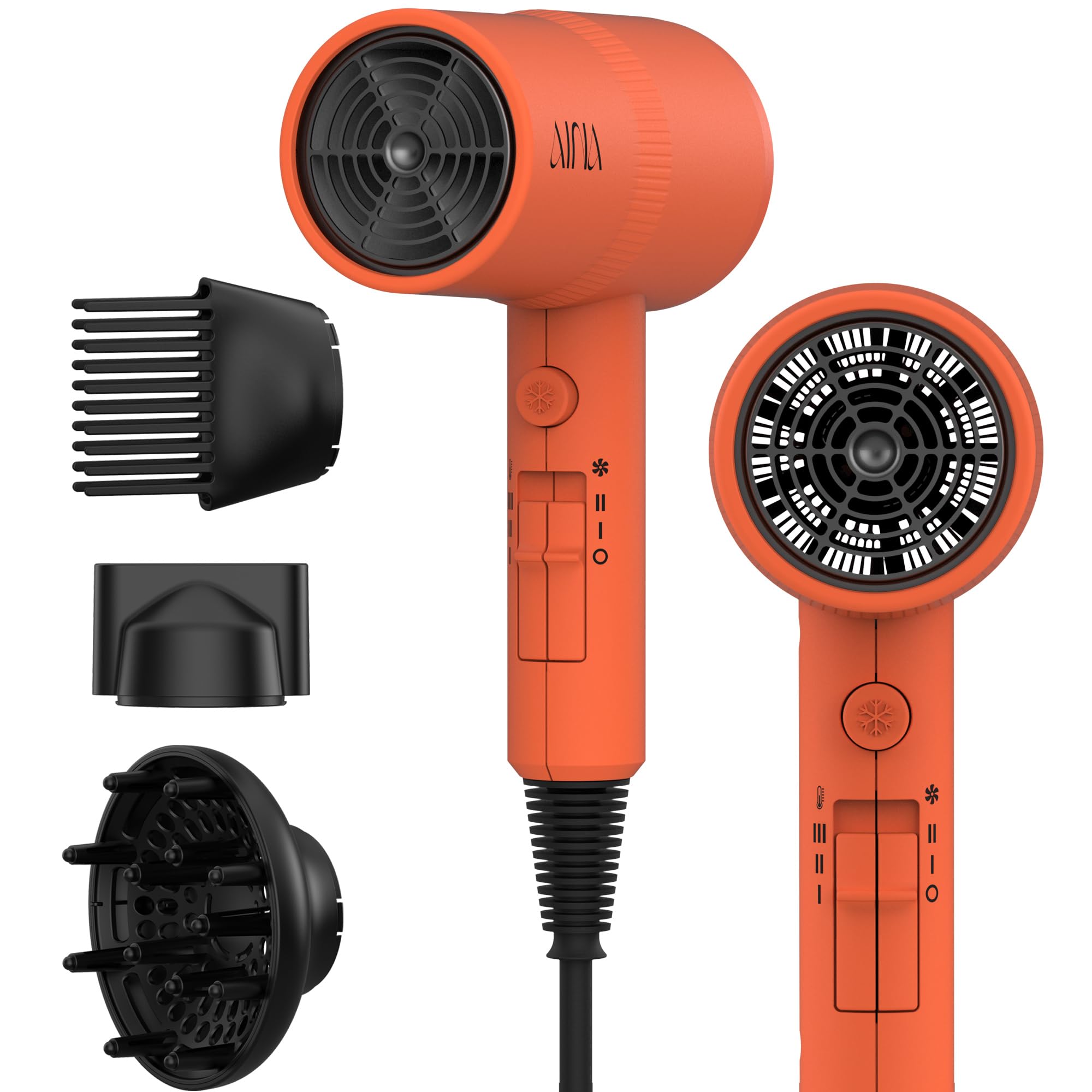 AINA Hair Dryer with Diffuser,Comb Full-Featured Blow Dryer 110V(Orange)