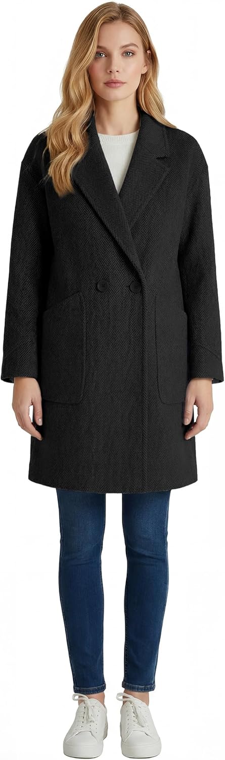 Pantete Womens Winter Warm Pea Coat Herringbone Notch Lapel Mid-Long Single Breasted Quilted Lined Trench Jacket - Image 2