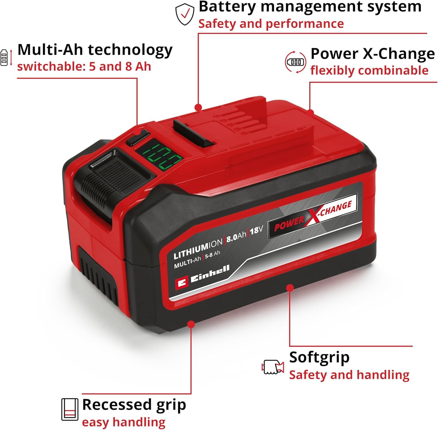Einhell 18 V/5.0-8.0 Ah multi-Ah Power X-Change PLUS accu (18 V, voor alle PXC-machines, laadindicatie, accu managementsysteem, op de situatie aangepaste laadcycli, zonder oplader