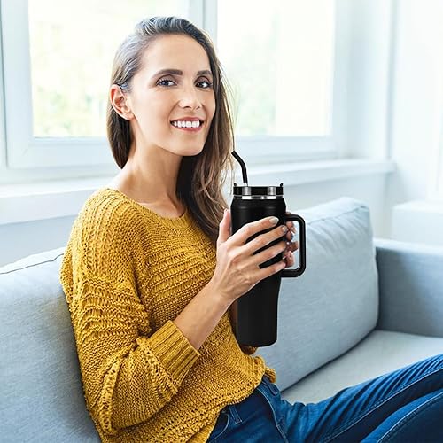 Miniatura 7 de Vaso con asa y pajita, acero inoxidable de 50 onzas, doble pared aislada al vacío, taza de viaje con tapa de dos tornillos y posavasos de silicona,