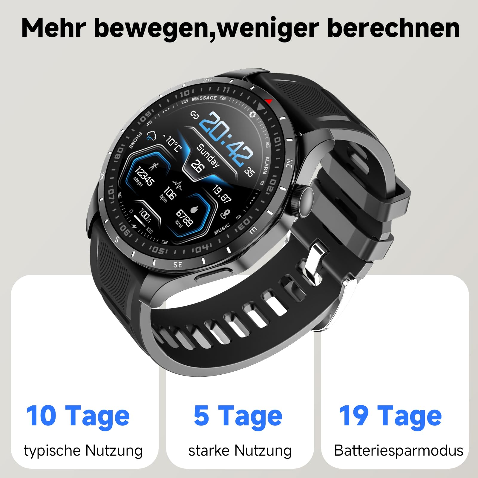 Smartwatch Herren GT 5 44mm Smart Watch,1,43" AMOLED GPS & kostenloses Kartenmaterial, 7 Tage Akku, Fitness Tracker mit 100+ Sportmodi, Wasserdicht für Android & iPhone