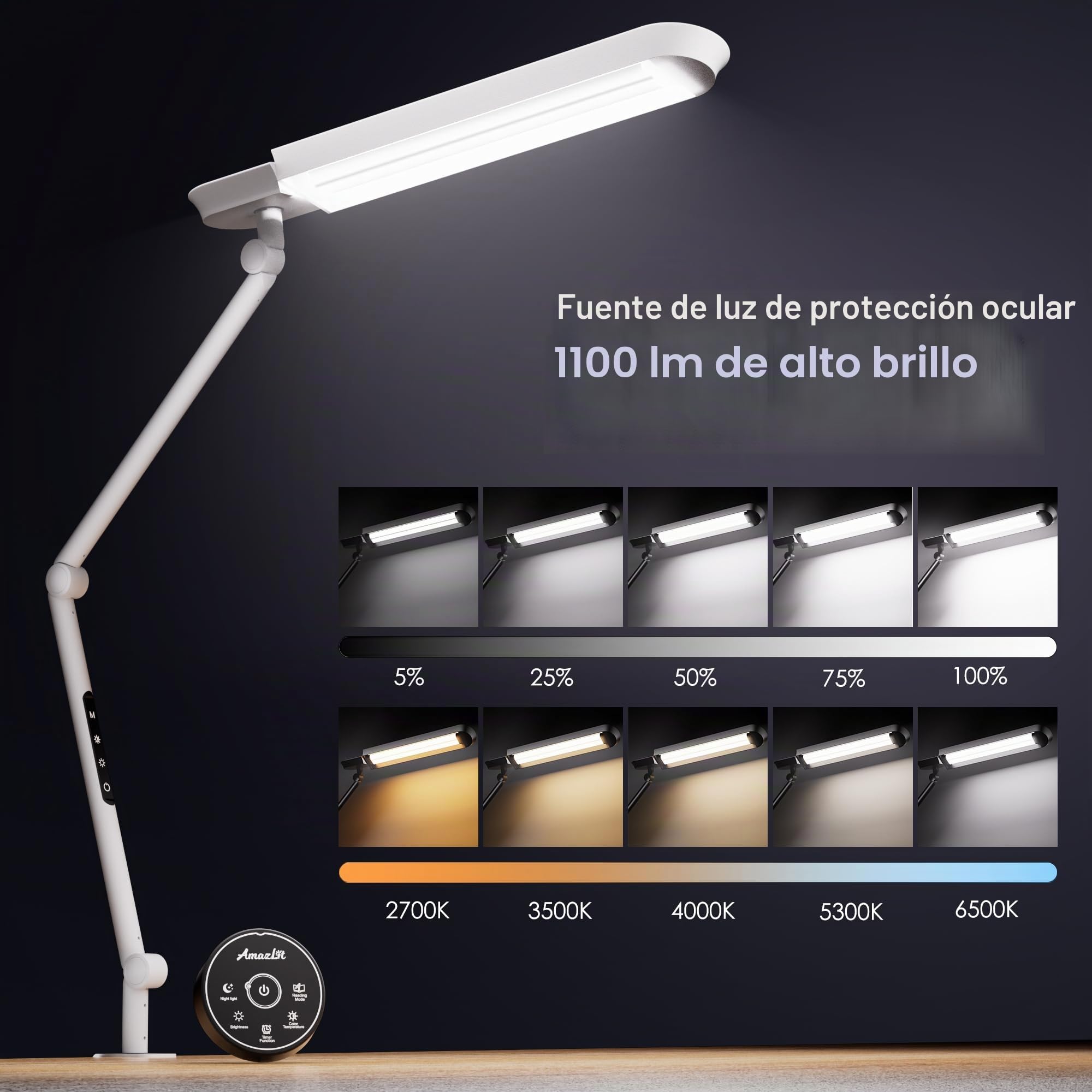AmazLit Lámpara Escritorio, Lámpara de Escritorio LED con Abrazadera,18W Atenuación y Temperatura de Color Ajustable,Lámpara de Arquitecto Moderno con Función de Memoria para Hogar, Oficina,Blanco