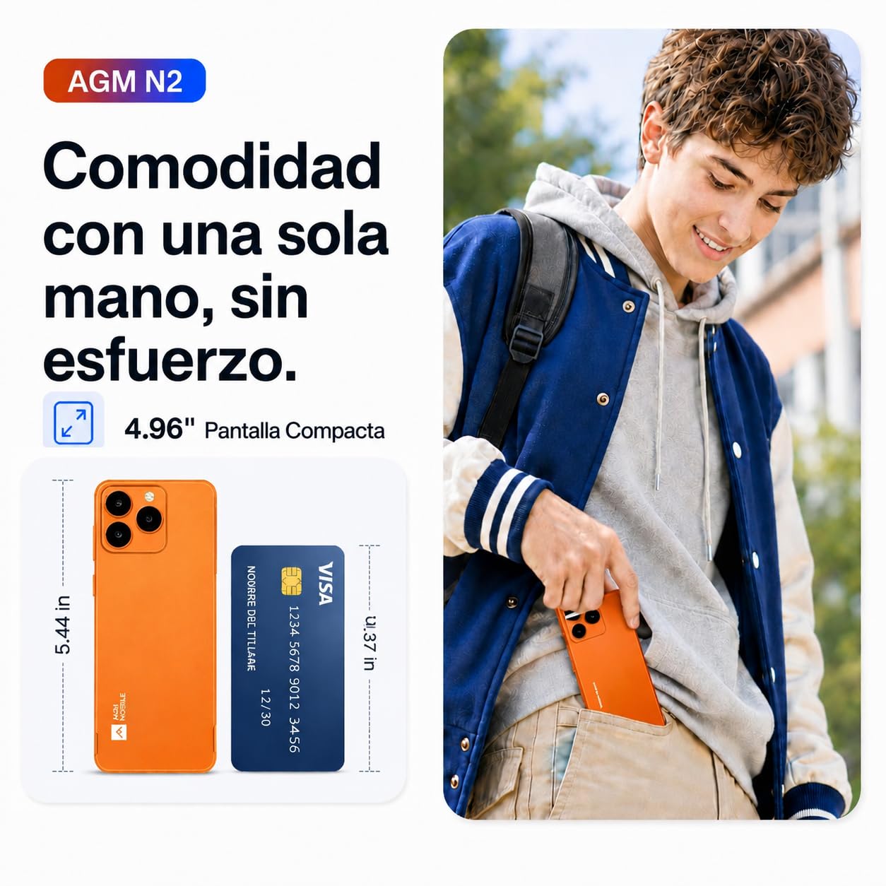 AGM Note N2 Smartphone Económico Android 16 go,Mini Teléfono 4,96 Pulgadas | WhatsApp｜3 GB + 32 GB｜3000 mAh｜Doble SIM｜IP54｜GPS｜Smartphones básicos adecuados para estudiantes