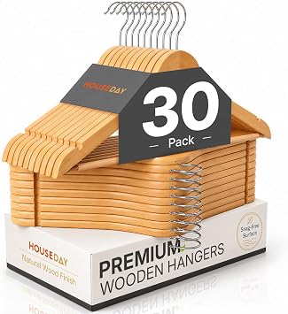 HOUSE DAY Premium Wooden Hangers 30 Pack - Heavy Duty & Durable Coat Hanger