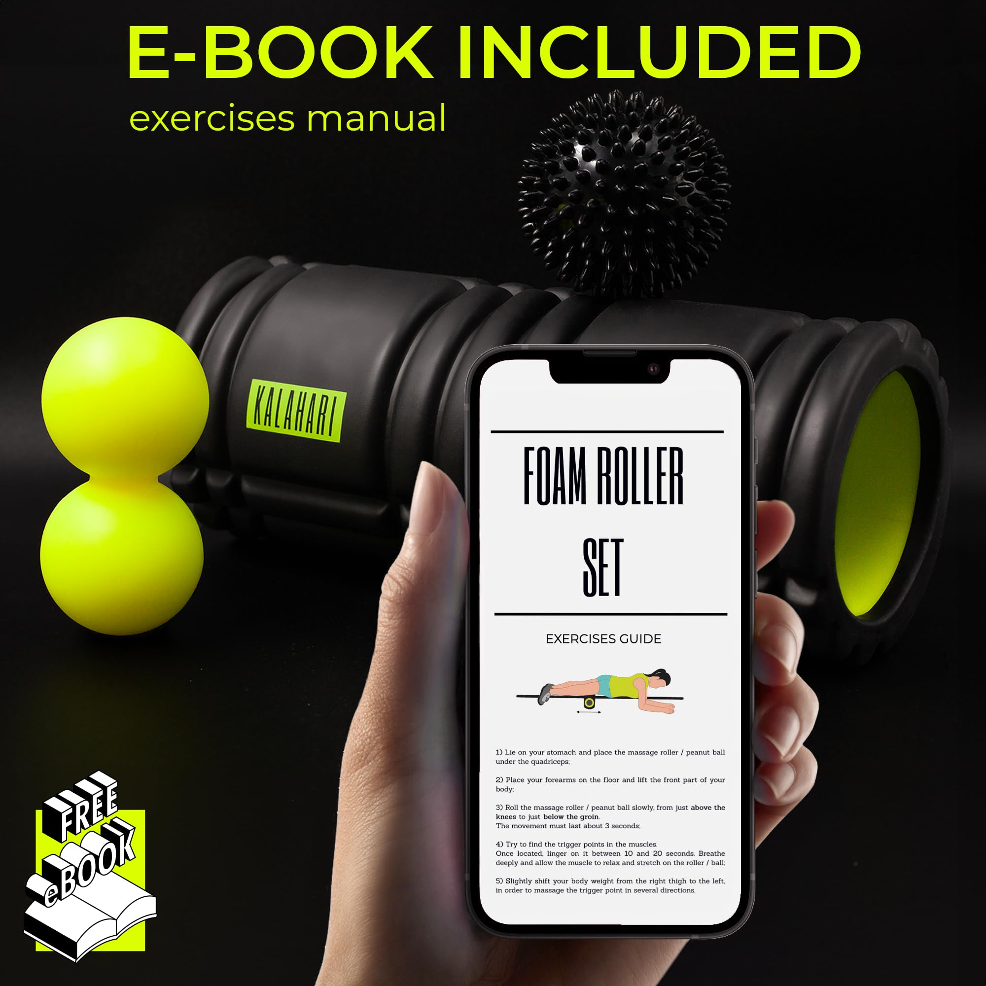 KALAHARI Zestaw Foam Roller 3 w 1 plus Ebook z ćwiczeniami - Wałek do masażu powięzi, Podwójna Piłka, Piłka z kolcami Jeż i wygodna Torba - Terapia Punktów Spustowych i Masaż Mięśniowo-Powięziowy