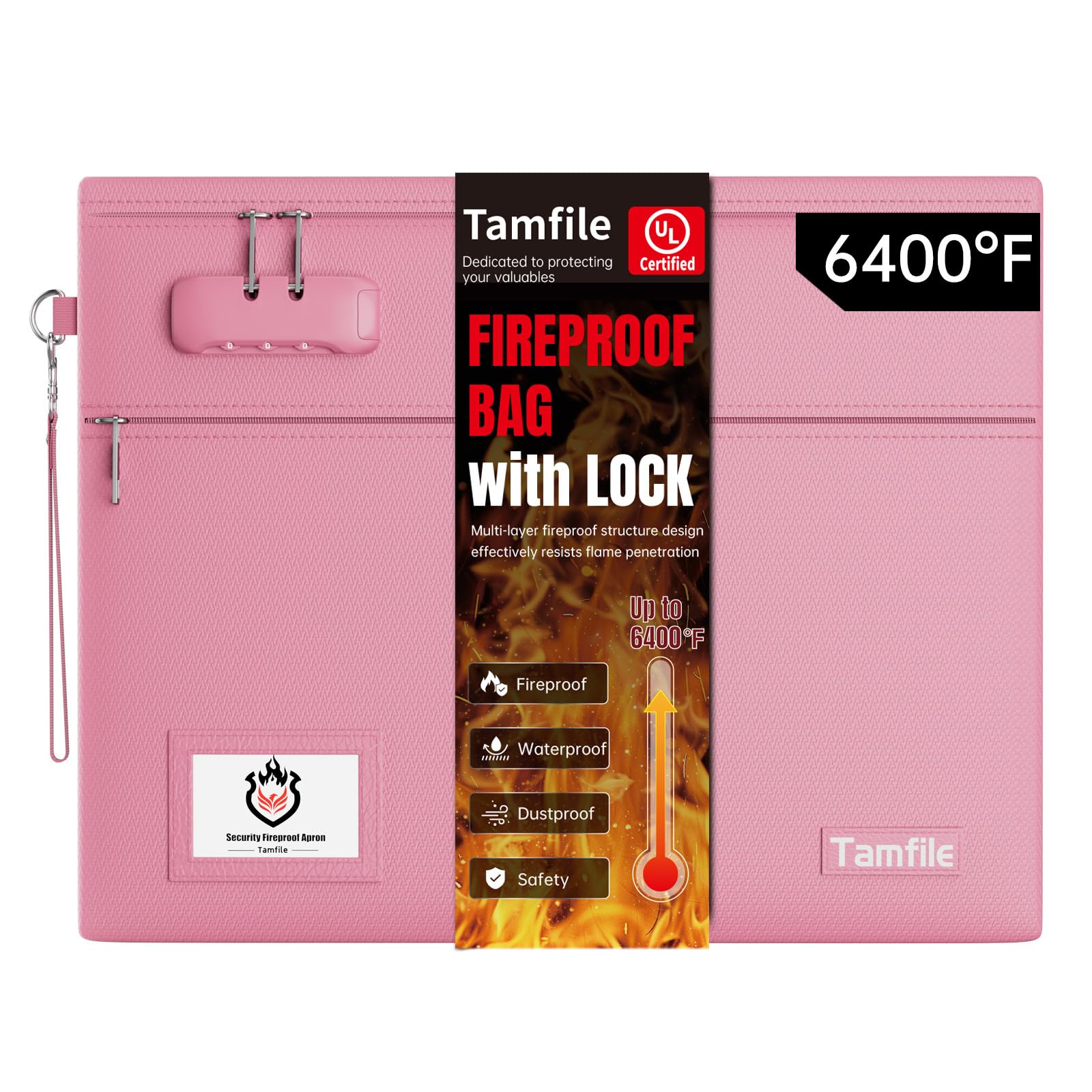 6400℉ Fireproof Document Bag with Lock, 14.5 x 11.5 inch Fireproof Money Bag 2 pockets with Zipper for Cash, Fire Safe Money Pouch Zipper for Important File,Valuables, Keys, Passports (Pink)