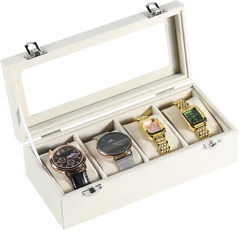 Caja de reloj Frebeauty de 4 ranuras para hombre/mujer, caja de reloj con tapa de vidrio | Material de terciopelo suave, organizador de relojes con almohada, almacenamiento de relojes, soporte de reloj, diseño a prueba de polvo,con cierre de metal, con cerradura