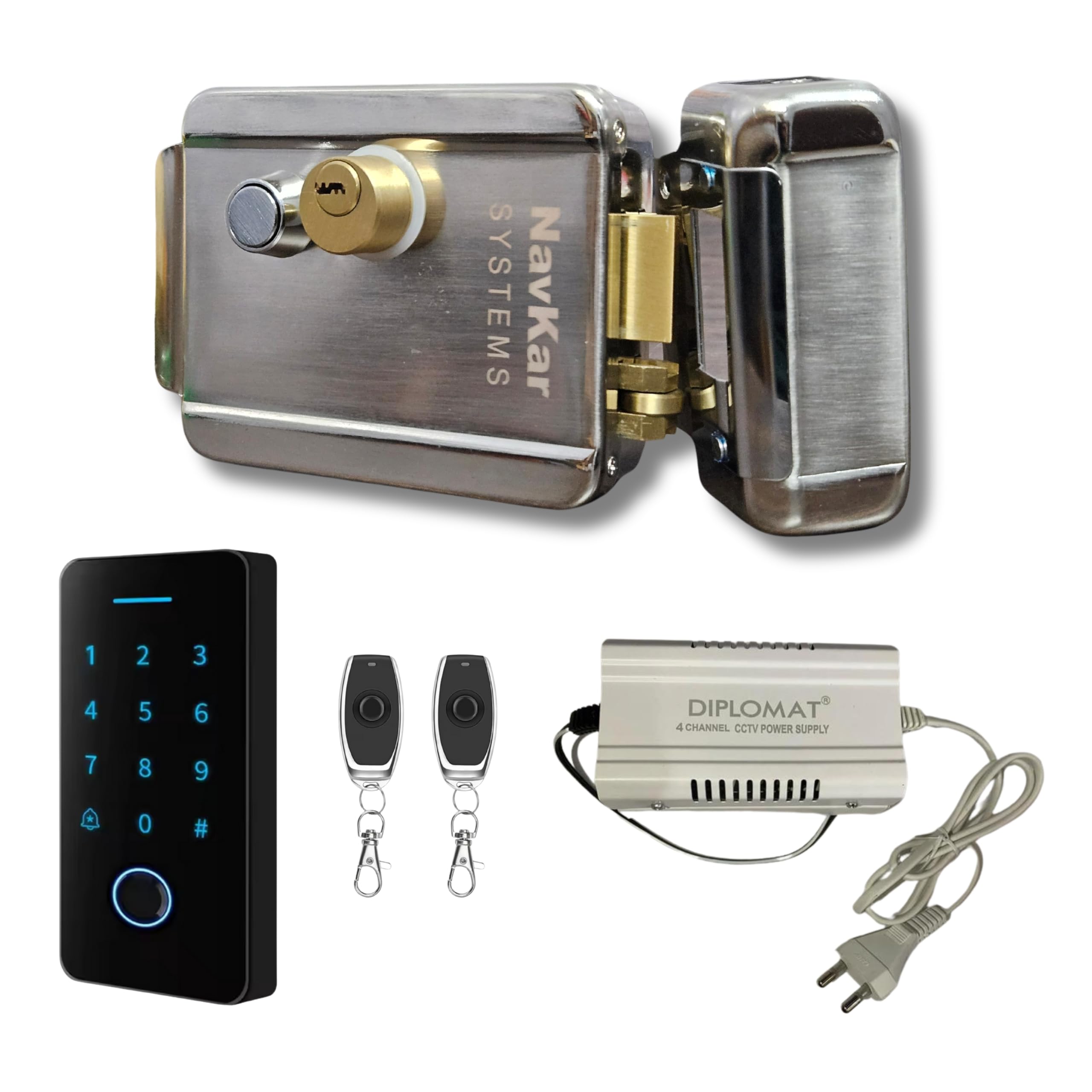 Navkar Systems Combo of Electronic Rim Lock with Weatherproof Finger Card Pin Remote Mobile App Access Control Panel with 2 Remotes, Can Operate Any Electronic