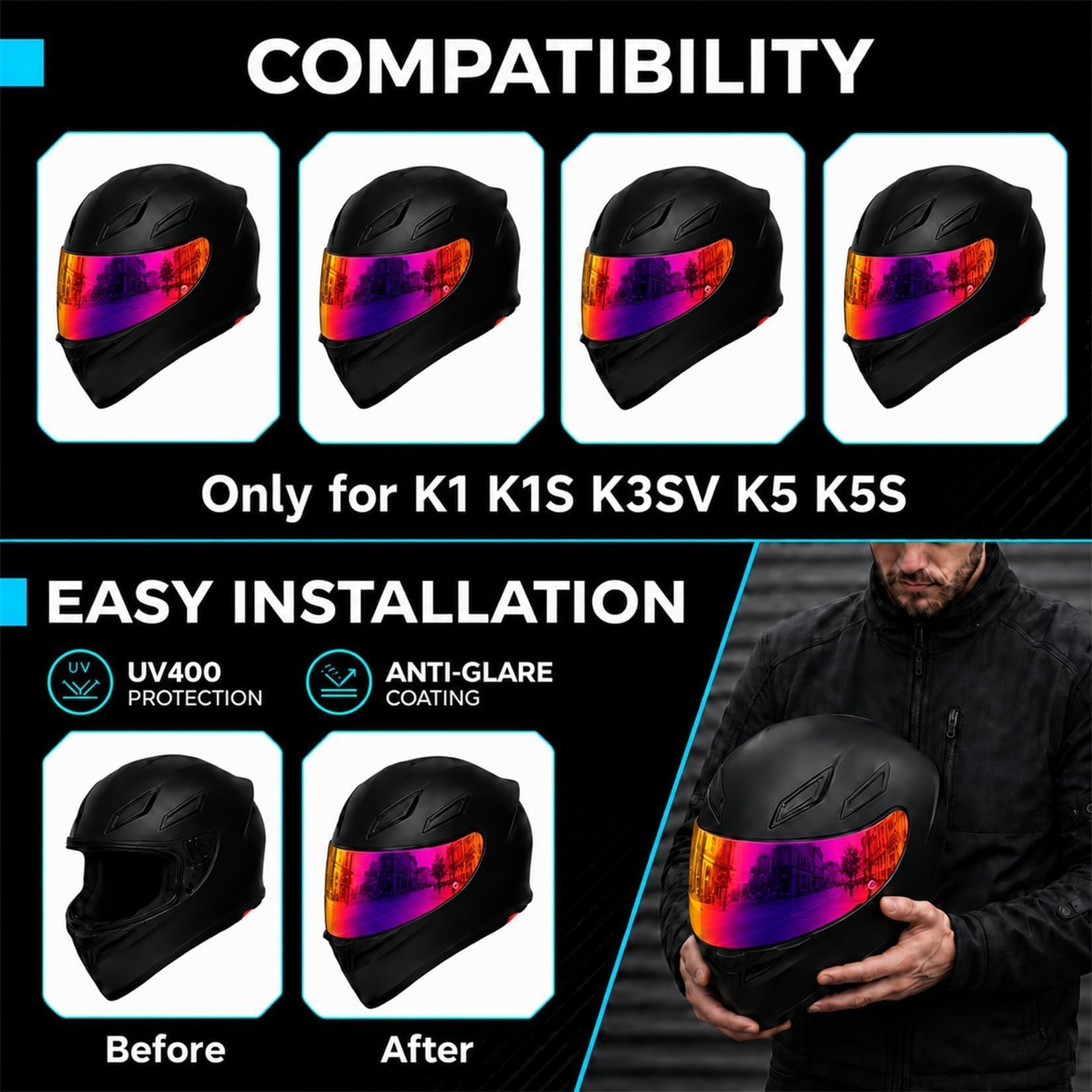 Visière K1s, visière pour Casque K1, visière teintée K3SV, écran Facial de Remplacement Compatible avec Les modèles K1, K1s, K3SV et K5, Rouge Pourpre Profond | Protection UV 400 pour moto résistante aux chocs, visière teintée pour K1 K1S K3SV K5 K5S