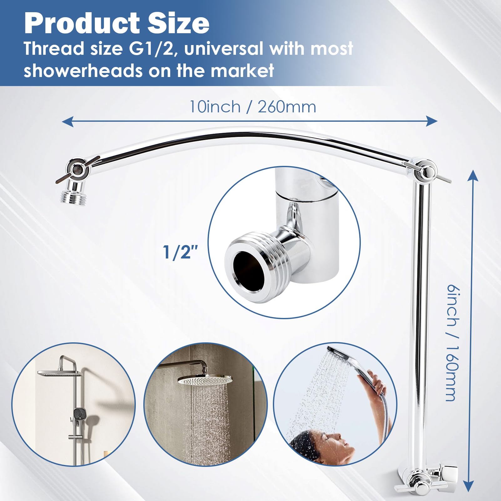 Extension de bras de douche entièrement en métal de 40,6 cm en laiton massif flexible en hauteur et angle réglables avec 2 joints de verrouillage, rallonge de pommeau de douche réglable durable (40,6