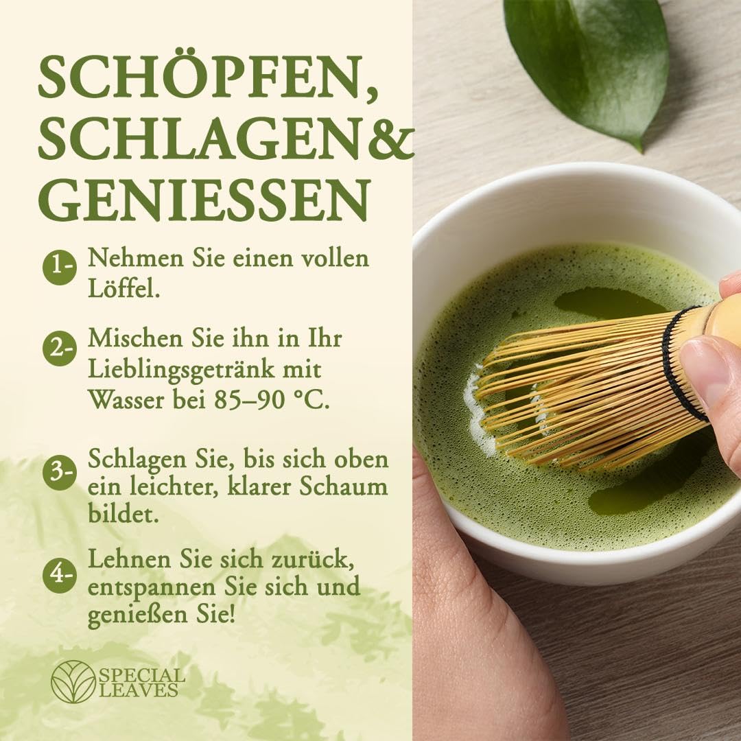 Matcha Pulver & Matcha Besen - 90g -100% Natürlich & Fein Gemahlen Tee und Bambus Besen mit 100 Borsten - Premium Zubehör von Special Leaves