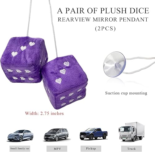 Miniatura 2 de 1 par de dados de felpa mullidos para espejo de automóvil, dados cuadrados retro de 3 pulgadas con forma de corazón, adorno colgante de dados retro