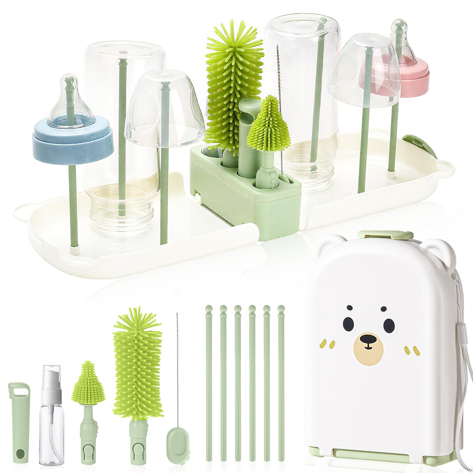 Babyflaschenbürsten zur Reinigung von Babyflaschenreiniger, Bürste, Reisesterilisator für Baby-Reise-Essentials mit Silikonflasche/Nippel/Strohhalmbürste（Green）