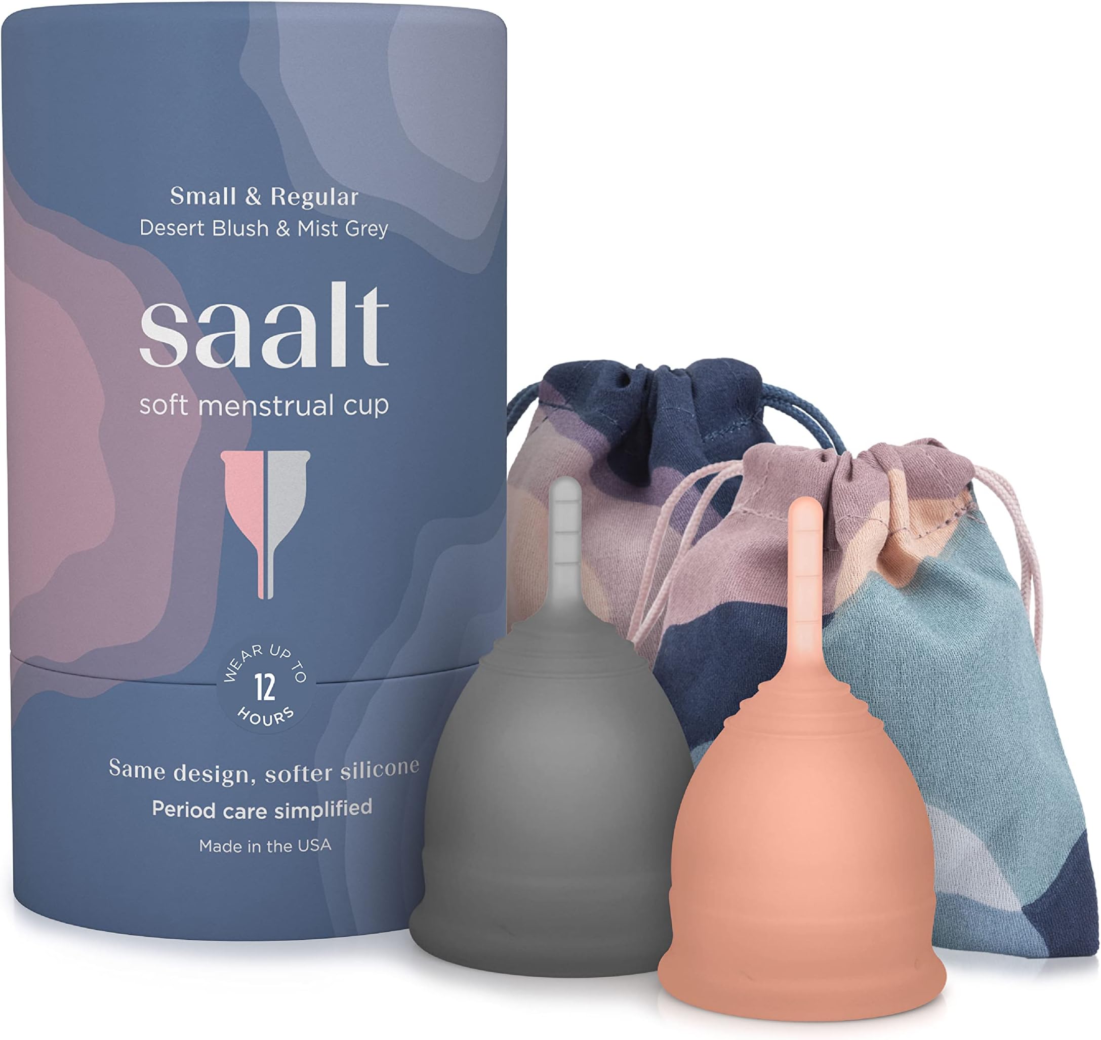 Soft Menstrual Cup - Best Sensitive Reusable Period Cup - Wear for 12 Hours - Tampon and Pad Alternative (Regular Grey, Small Desert Blush, Regular Grey, Small Desert Blush)