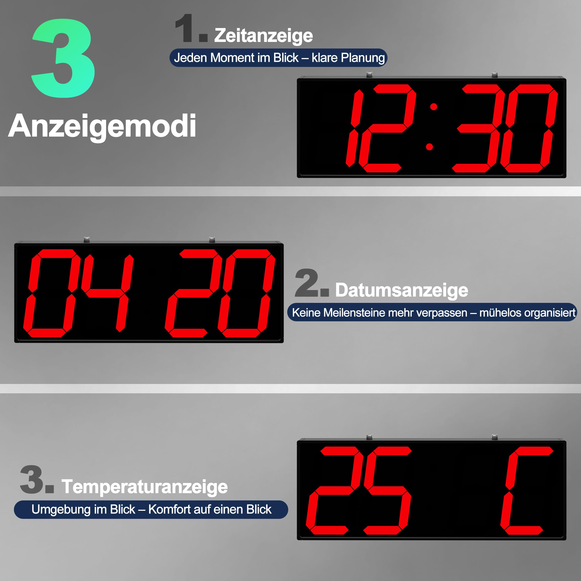 CHKOSDA Dwustronny cyfrowy zegar ścienny, 48 cm, do montażu wiszącego, zegar przemysłowy z pilotem zdalnego sterowania, 16 alarmów, odporny na wysokie temperatury, duże cyfry do magazynu, fabryki